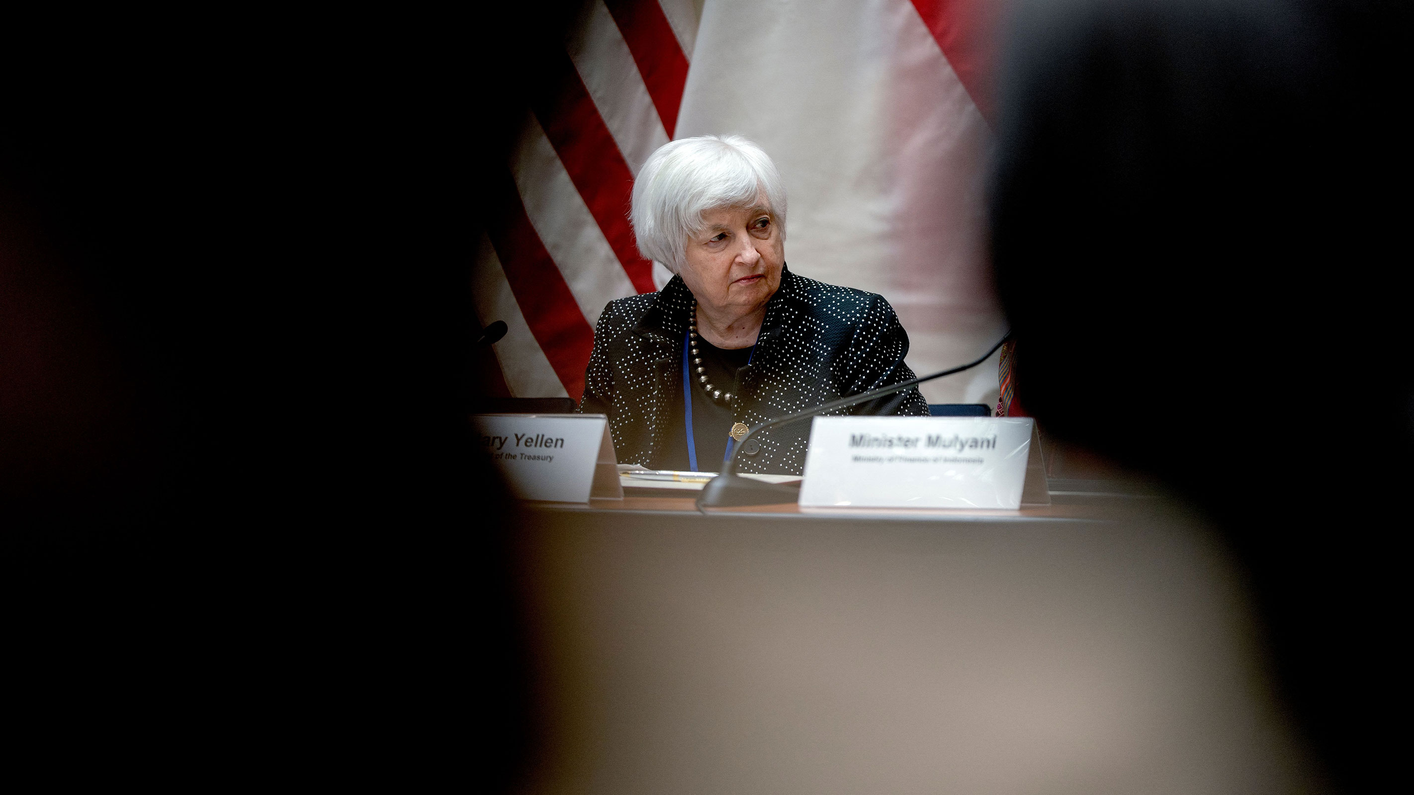 Treasury Secretary Janet Yellen listens during a signing ceremony for the Indonesia Infrastructure and Finance Compact, at the International Monetary Fund (IMF) headquarters in Washington, DC, on April 13.