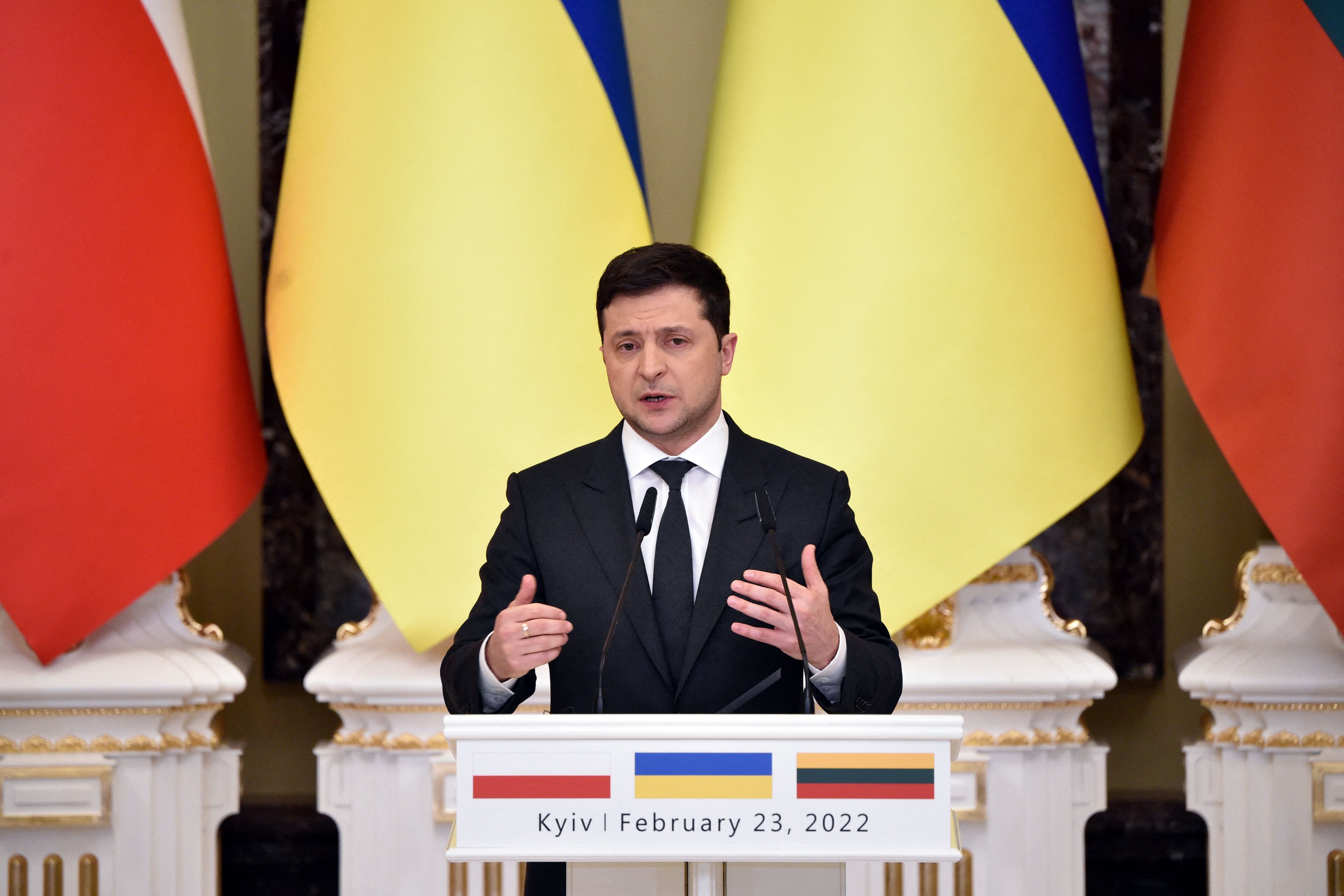 Ukrainian President Volodymyr Zelensky attends a joint press conference with his counterparts from Lithuania and Poland following their talks in Kyiv, Ukraine, on February 23.