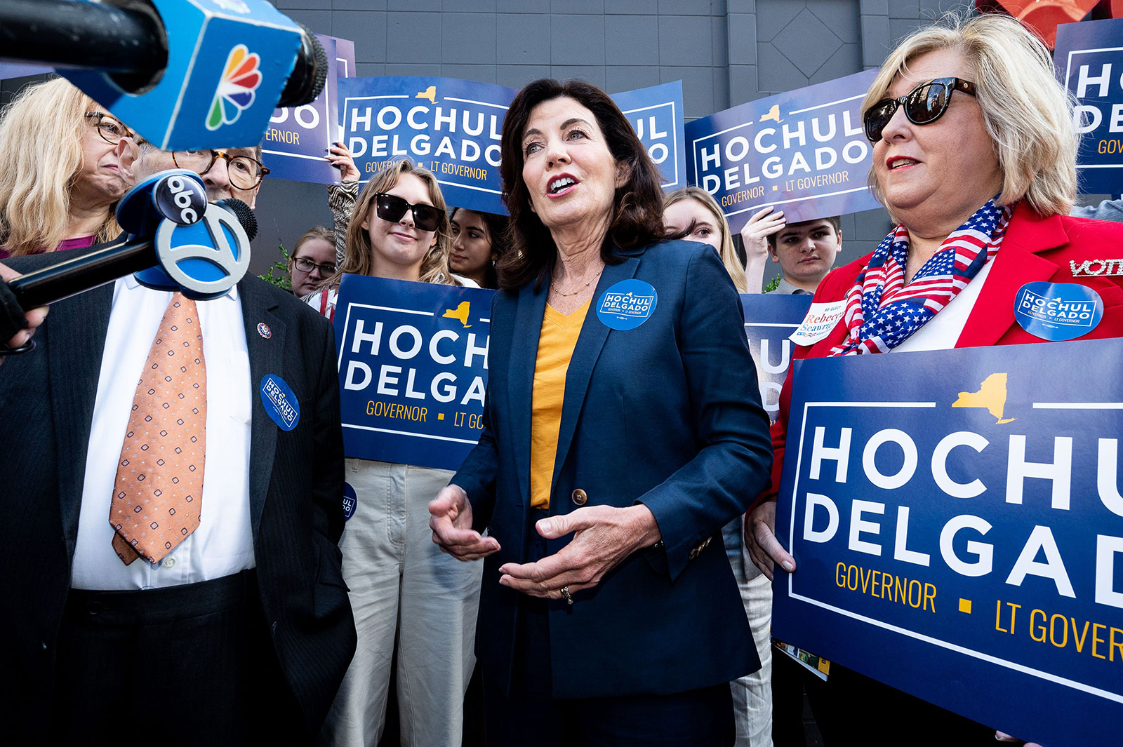 New York Gov. Kathy Hochul campaigns near the 86th Street entrance to the Second Avenue subway on June 28. 