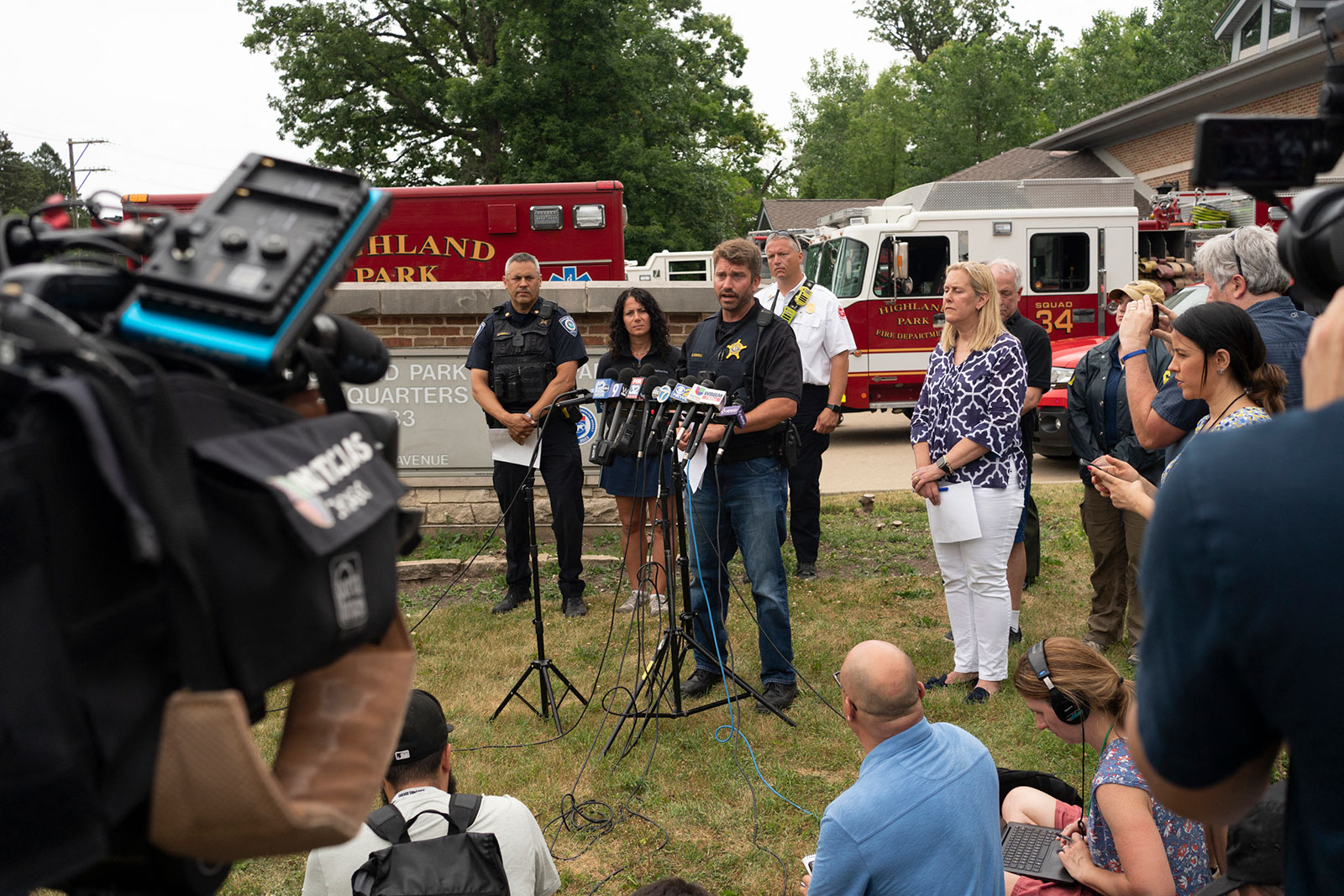 Sgt. Chris Covelli speaks at the scene of the Fourth of July parade shooting in Highland Park, Illinois, on July 4.