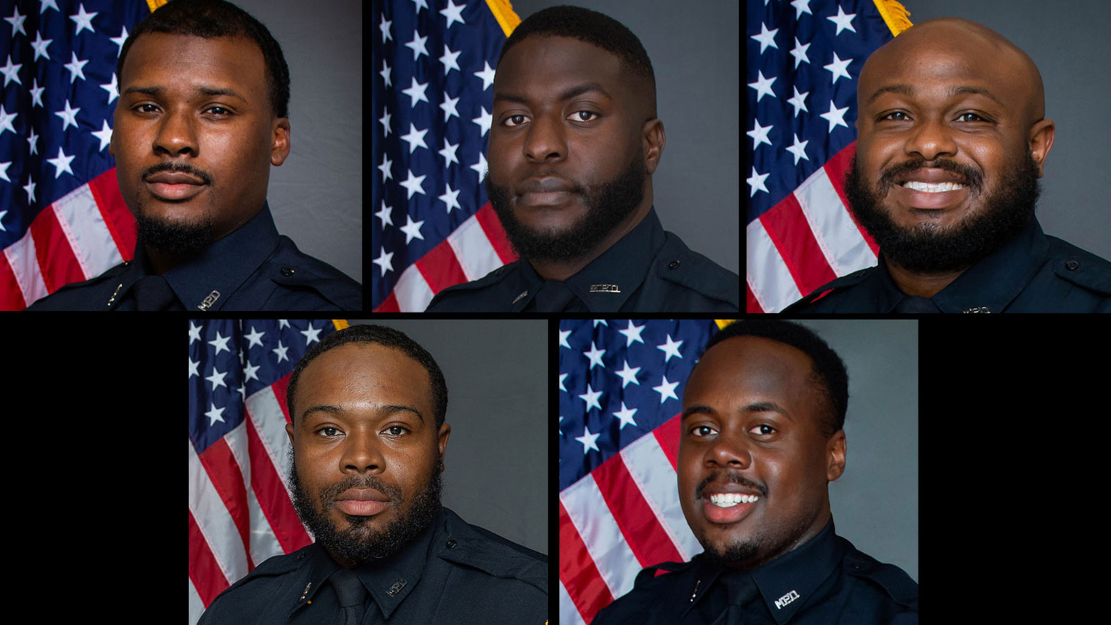Pictured are top, from left, former officers Justin Smith, Emmit Martin III and Desmond Mills and, bottom, from left, Demetrius Haley and Tadarrius Bean.