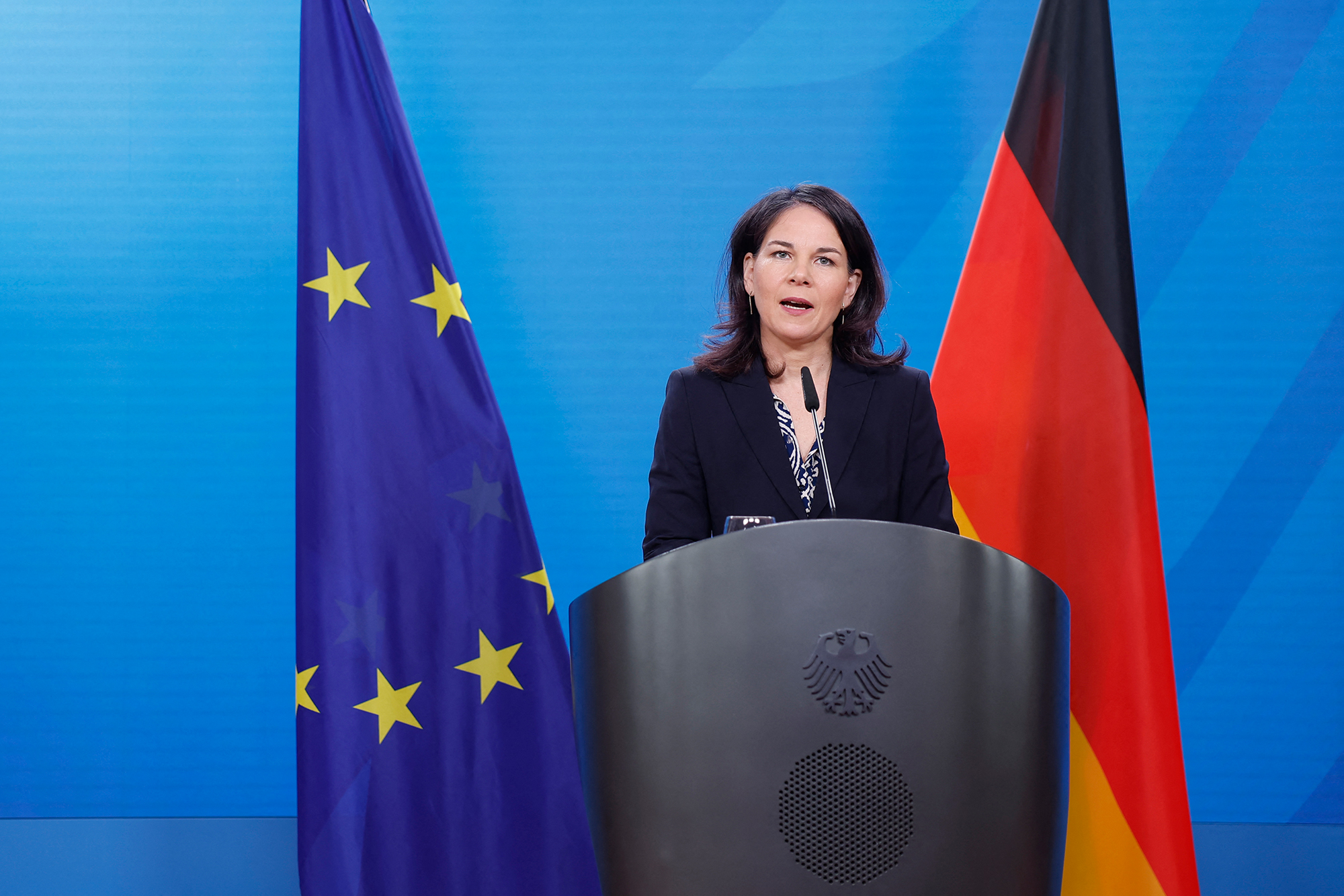 German Foreign Minister Annalena Baerbock gives a statement on the situation in the Middle East on April 14, in Berlin. 