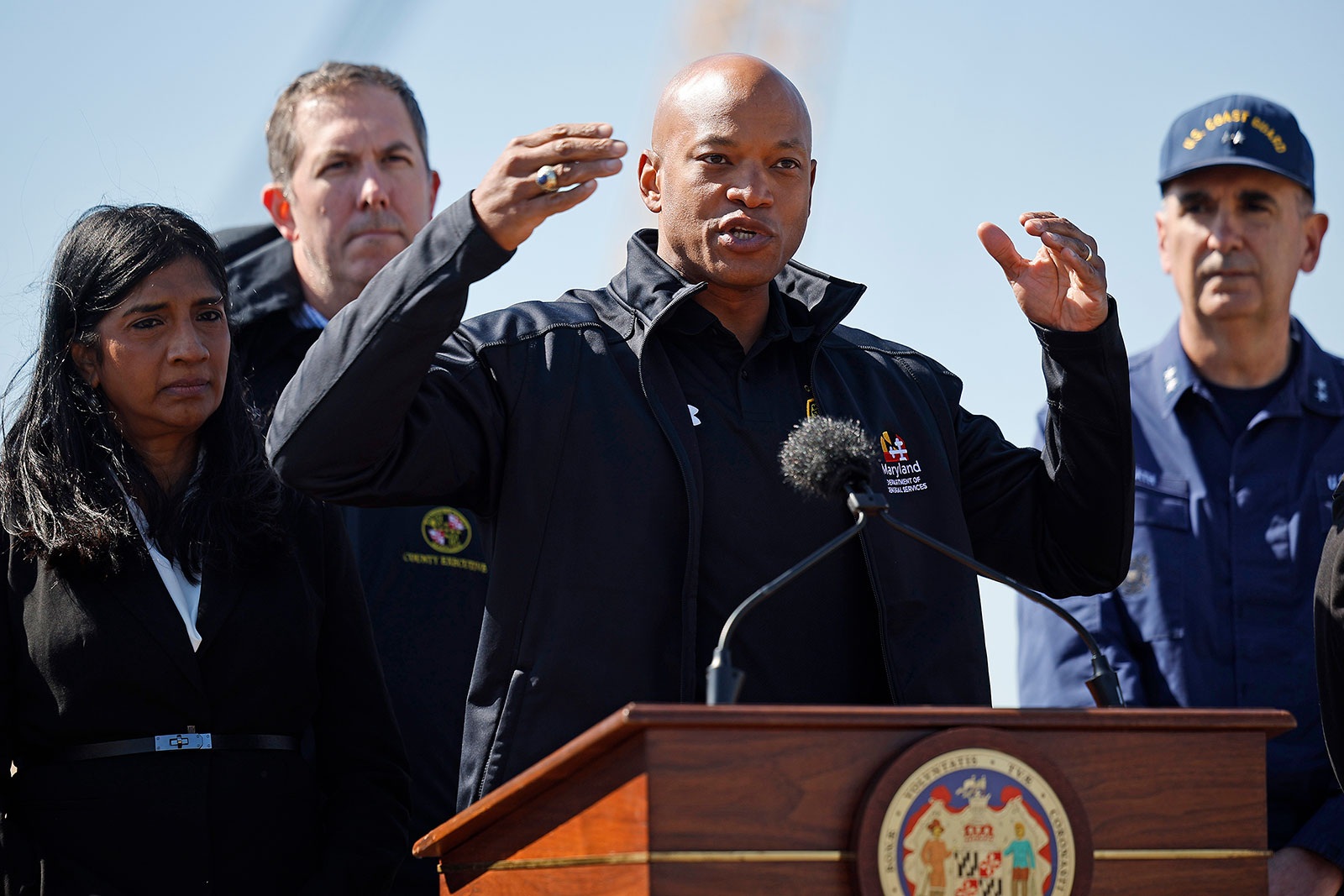 Maryland Gov. Wes Moore speaks during a news conference on Friday in Sparrows Point, Maryland. 
