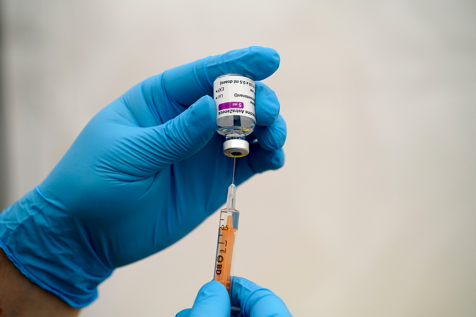 An NHS staff member prepares an AstraZeneca Covid-19 vaccination near Truro, England, on January 26.