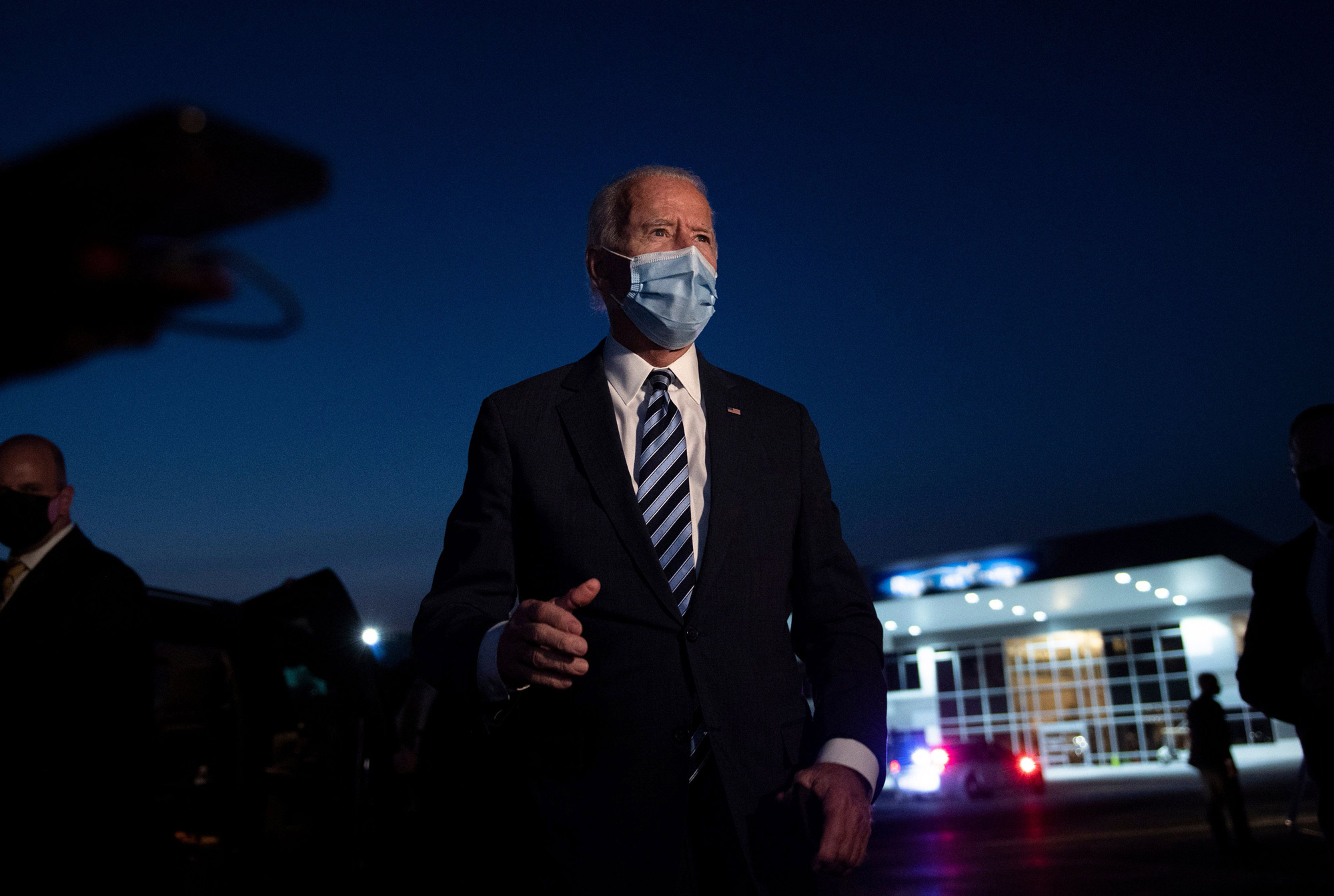 Democratic presidential candidate Joe Biden speaks to the media before boarding his plane at Hagerstown Regional Airport on October 6 in Hagerstown, Maryland. 