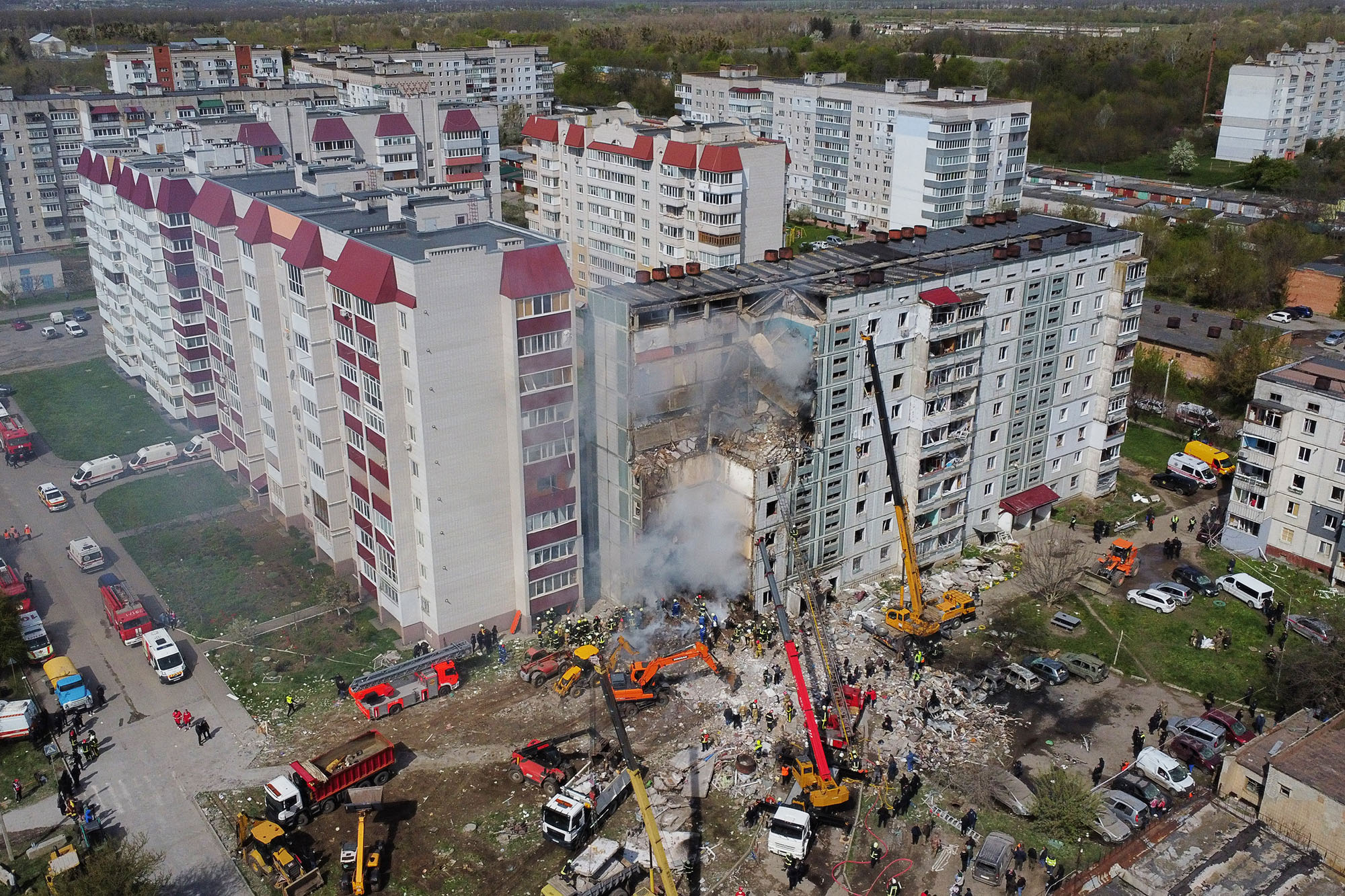 Aerial view of a destroyed residential building after missile attack in Uman, Ukraine, on April 28.
