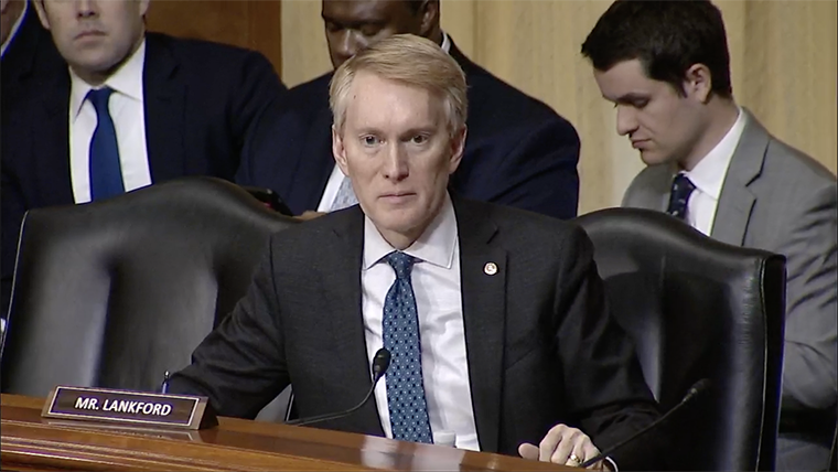 Sen. James Lankford, R-Okla., speaks with Treasury Secretary Janet Yellen during her testimony about the Biden Administration's 2024 federal budget proposal before the Senate Finance Committee on Capitol Hill today.