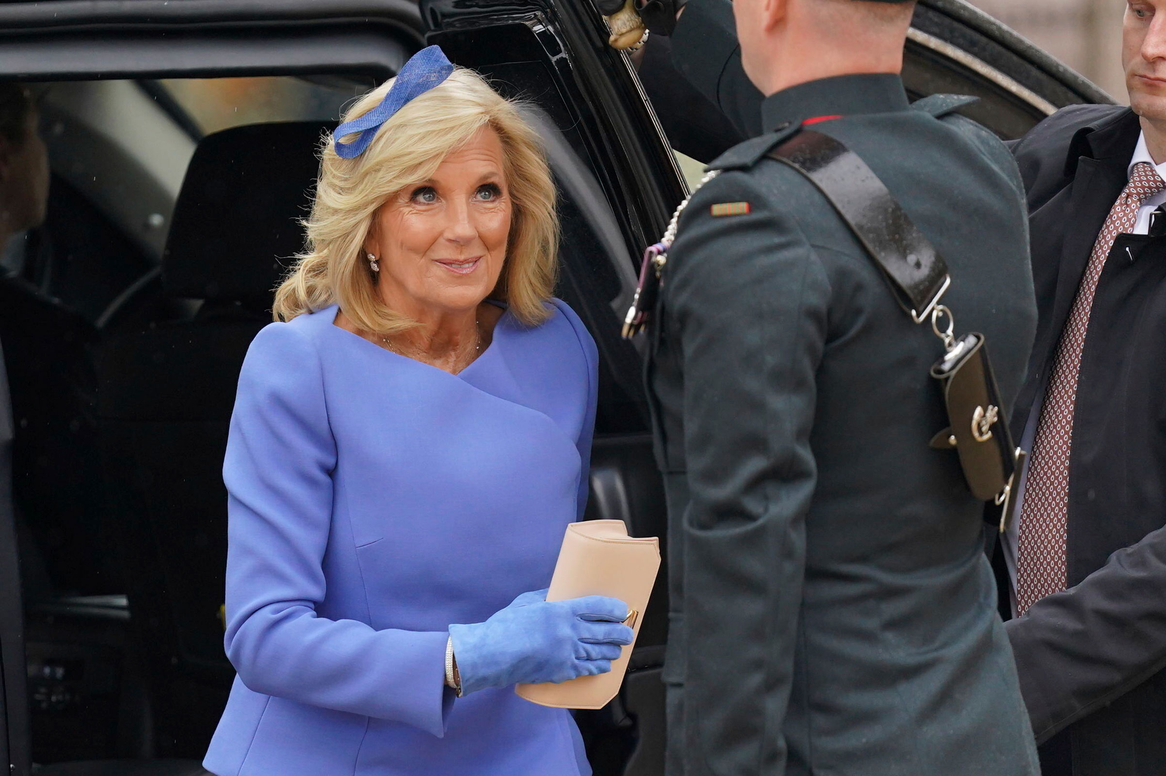 US first lady Jill Biden arrives at Westminster Abbey prior to the coronation ceremony.