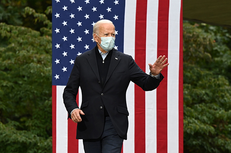 Joe Biden arrives to speak at a campaign event at United Food and Commercial Workers Union Local 951 in Grand Rapids, Michigan on October 2, 2020. 