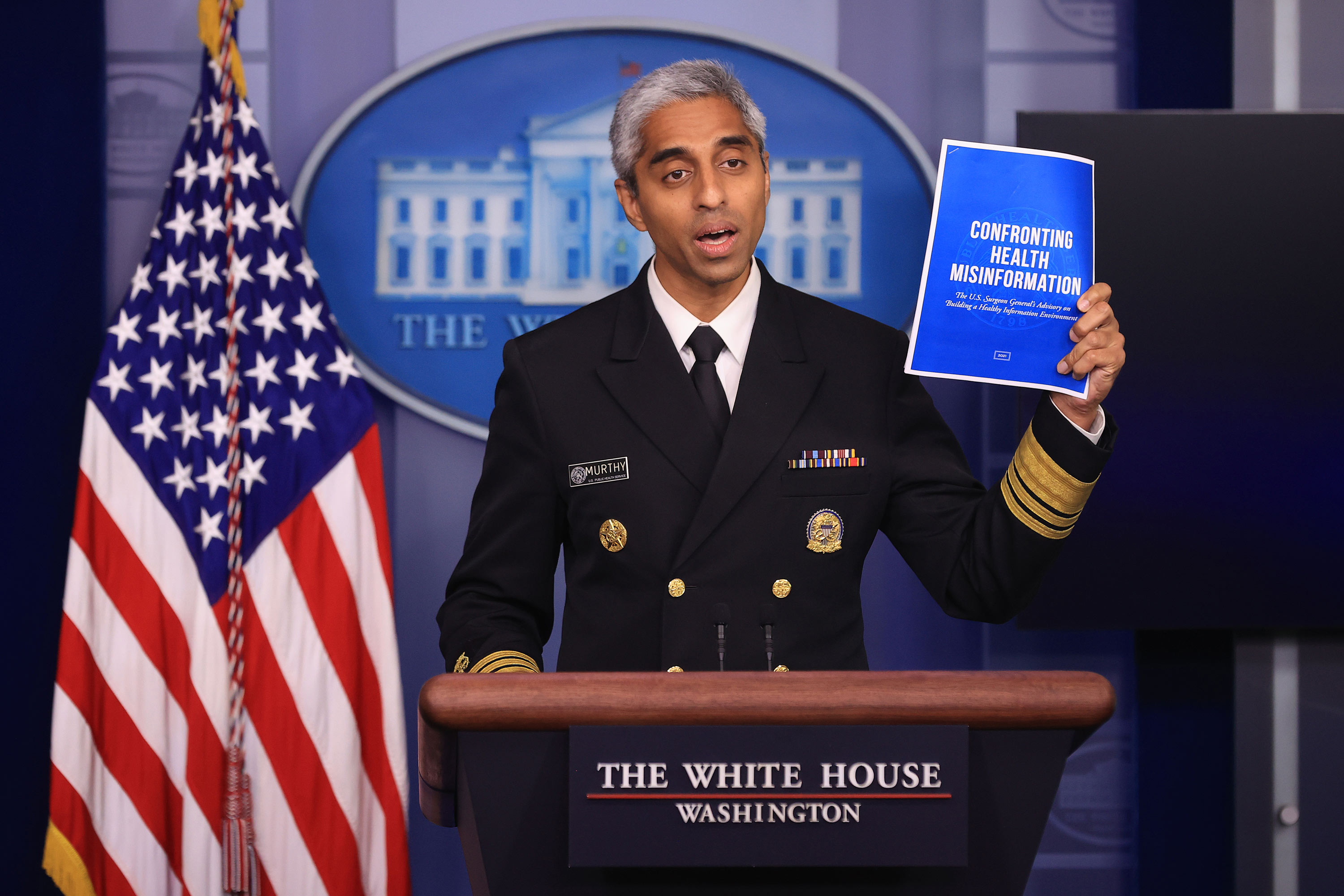 US Surgeon General Vivek Murthy speaks during the daily news conference in the Brady Press Briefing Room at the White House on July 15 in Washington, DC. 