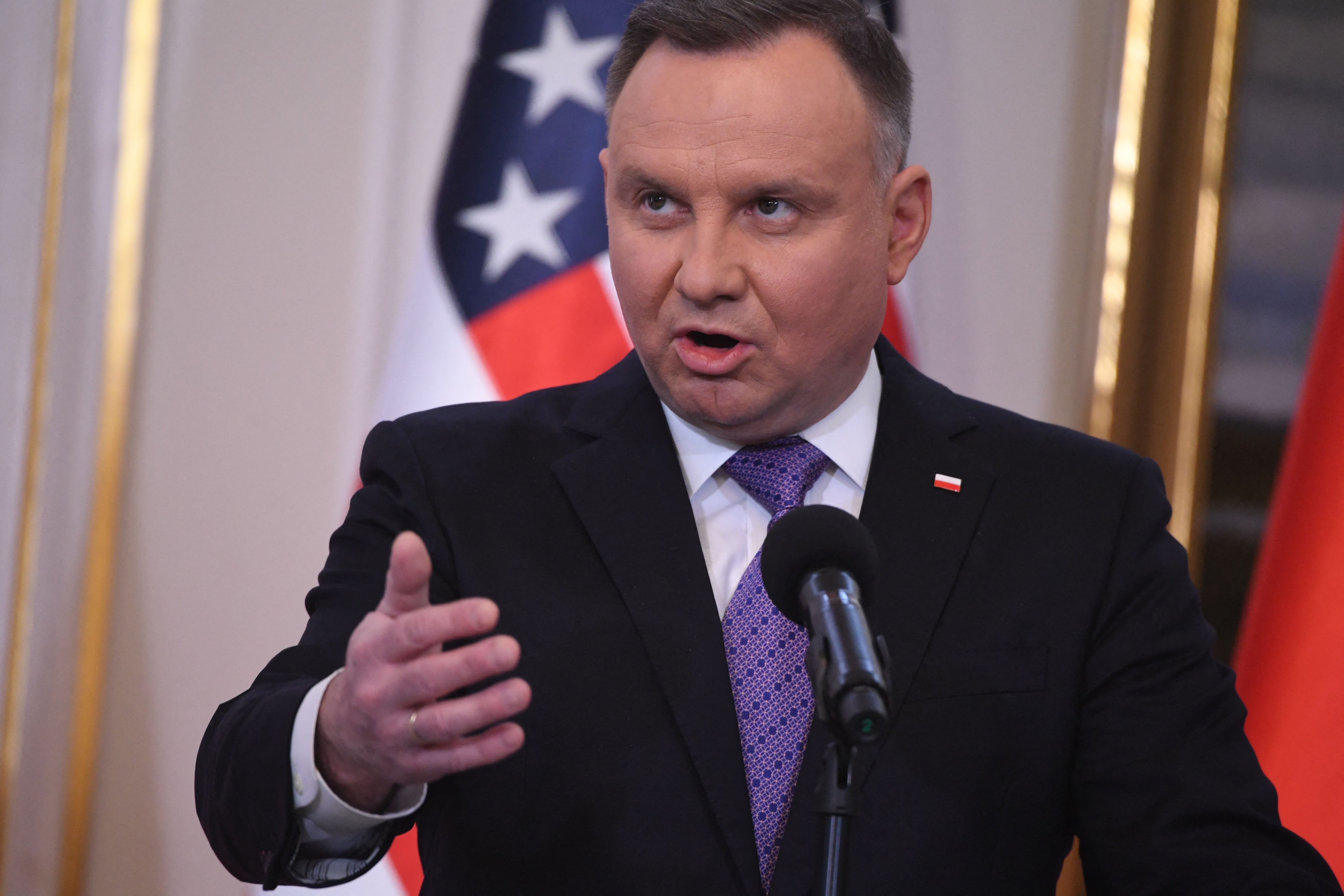 Polish President Andrzej Duda speaks during a press conference with the US Vice President at Belwelder Palace in Warsaw, Poland, on March 10.