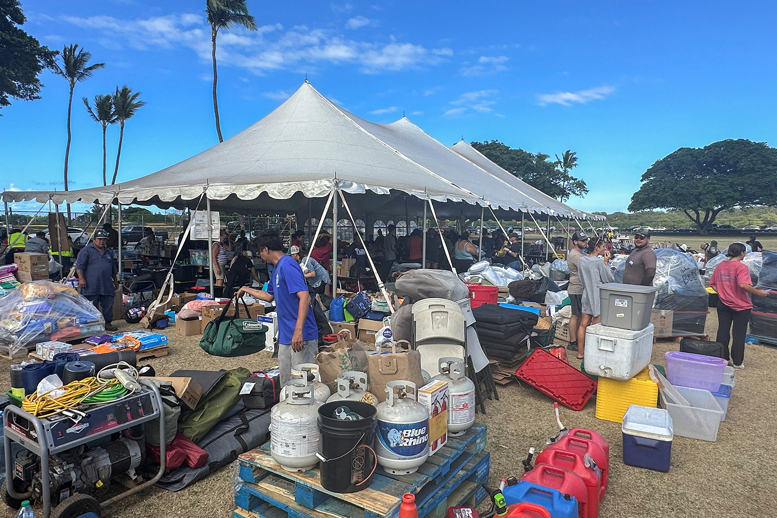 A view of a War Memorial Gym turned into donation and medical shelter to aid victims of the Maui wildfires in Kahului, Hawaii, on August 11.
