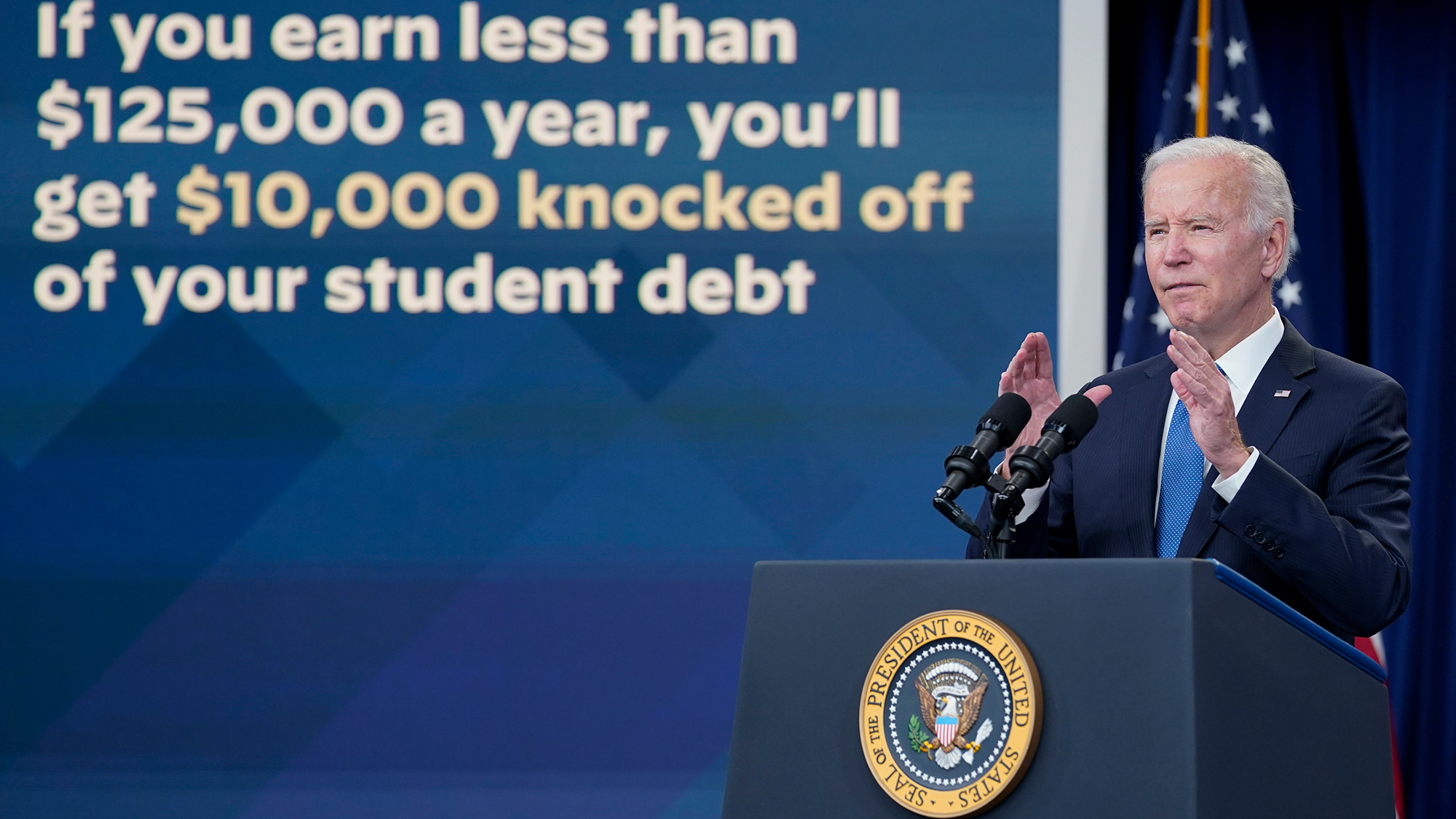 President Joe Biden speaks about the student debt relief portal beta test in the South Court Auditorium on the White House complex in Washington on October 17, 2022. 
