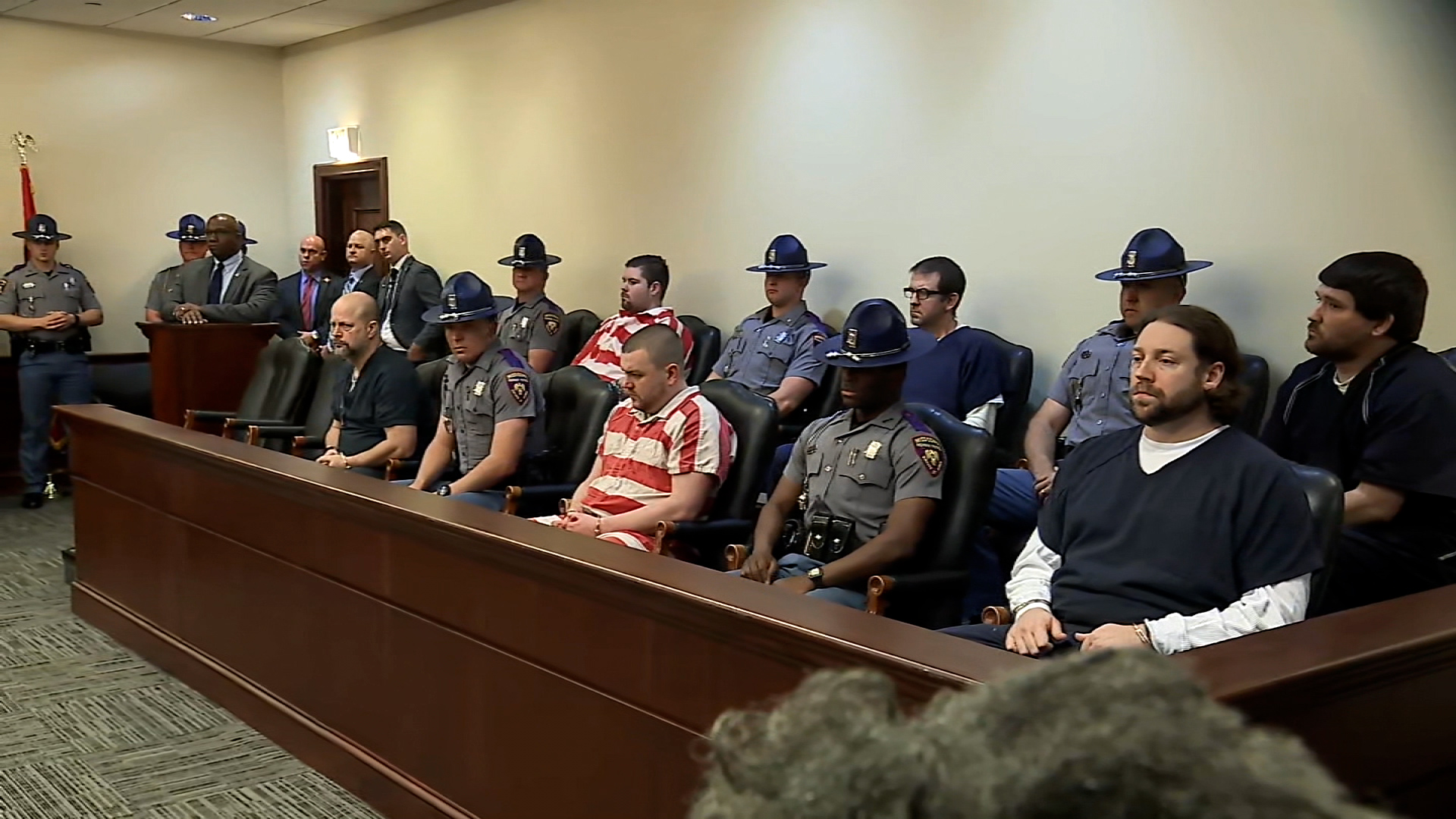 The six former Mississippi law enforcement officers are seen in court during their state sentencing hearing on Wednesday.