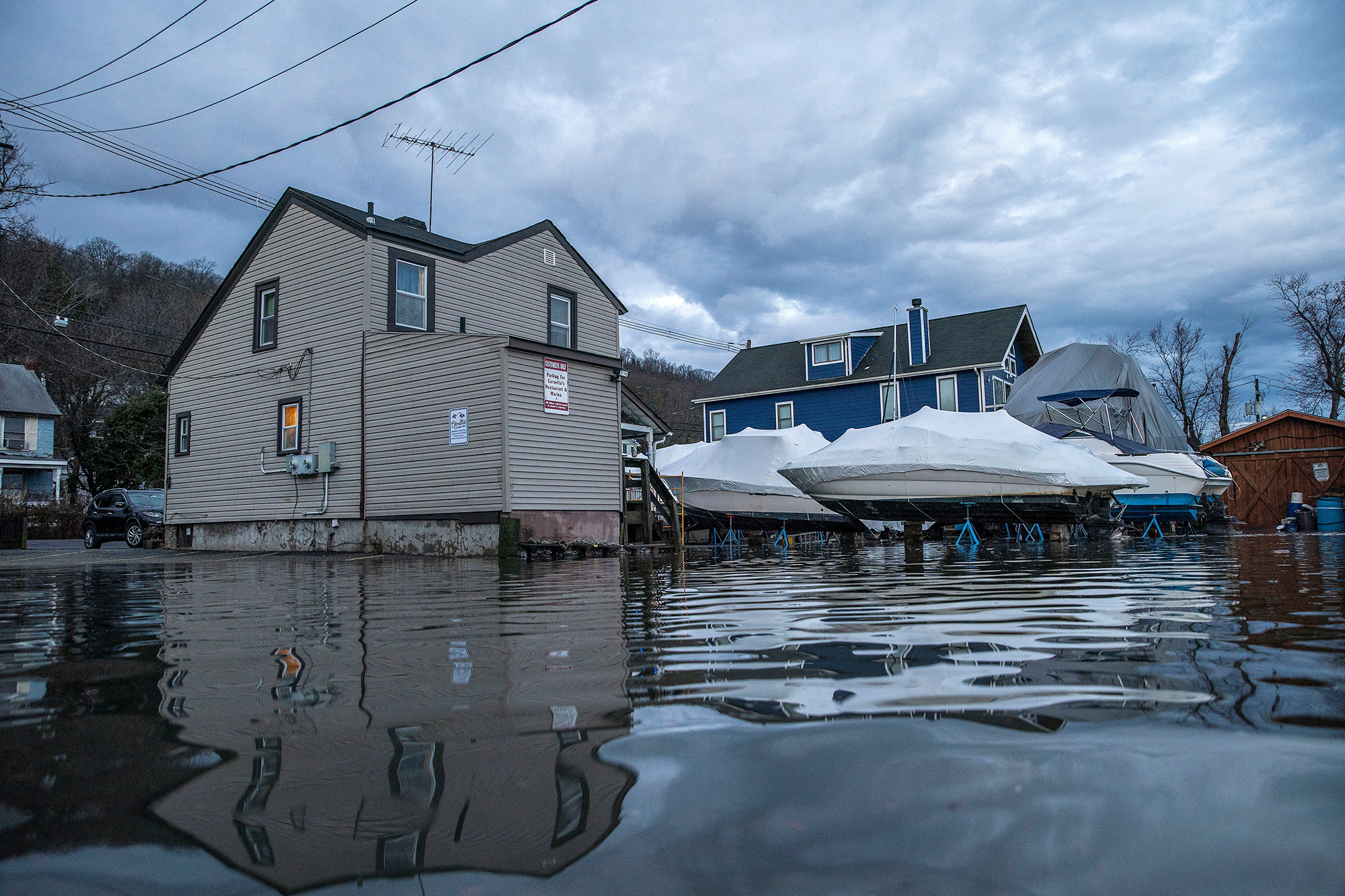 Water rises at a residential area in an aftermath of a storm in Piermont, New York, on January 10.