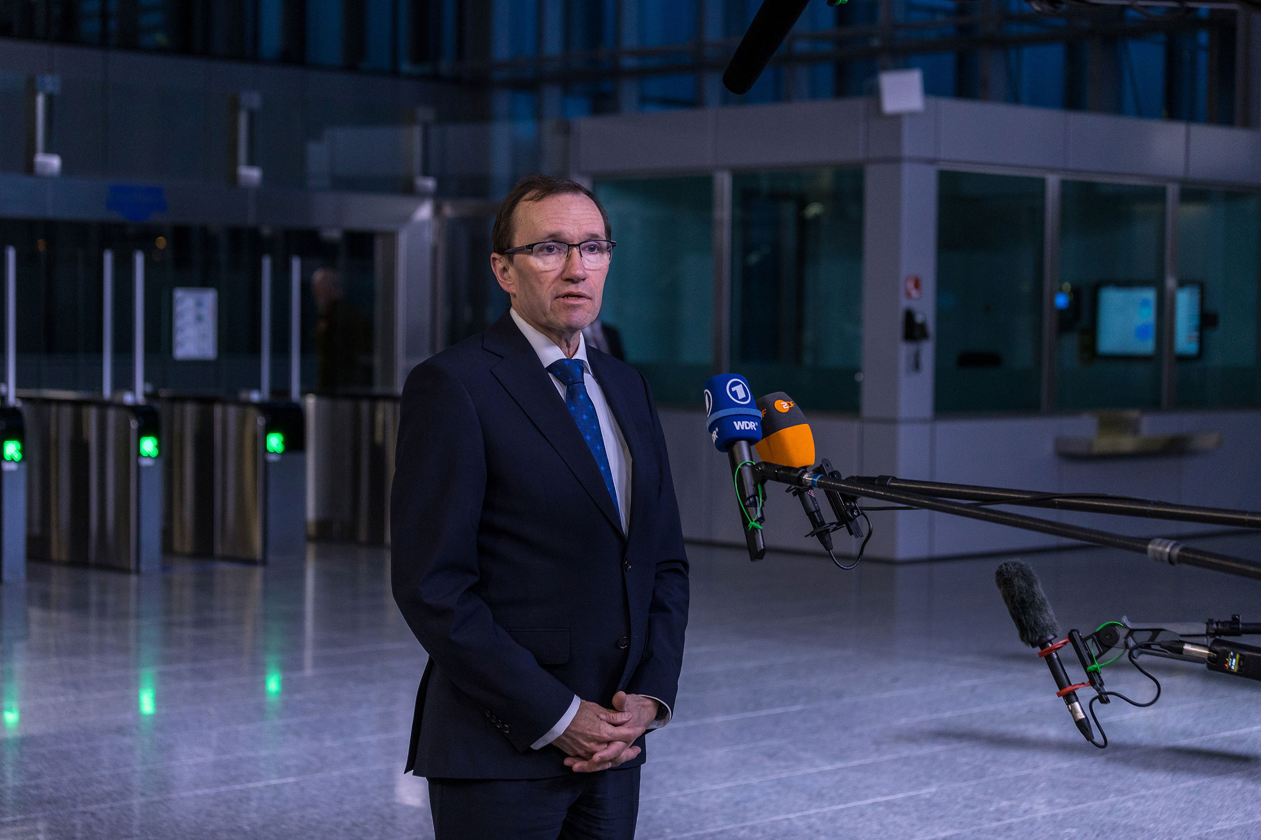 Norwegian Foreign Minister Espen Barth Eide speaks to the press after his arrival at NATO headquarters in Brussels, Belgium, on April 4.
