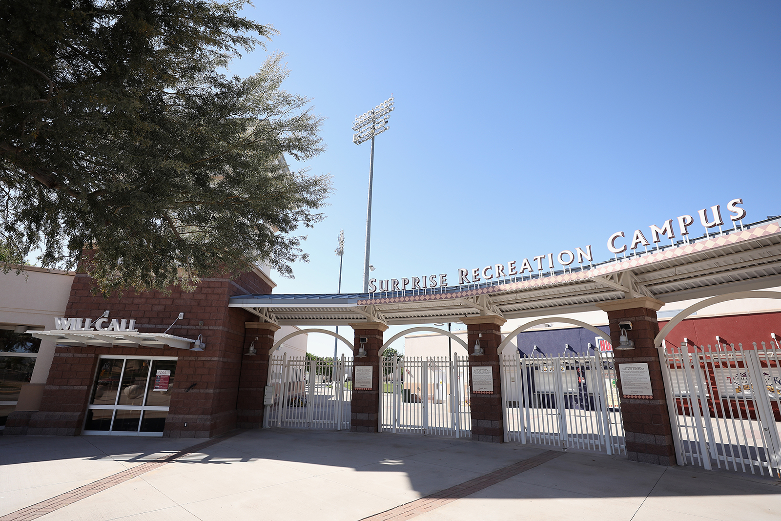 Outside of the Texas Rangers and Kansas City Royals spring training facility, Surprise Stadium on April 7, in Surprise, Arizona. 