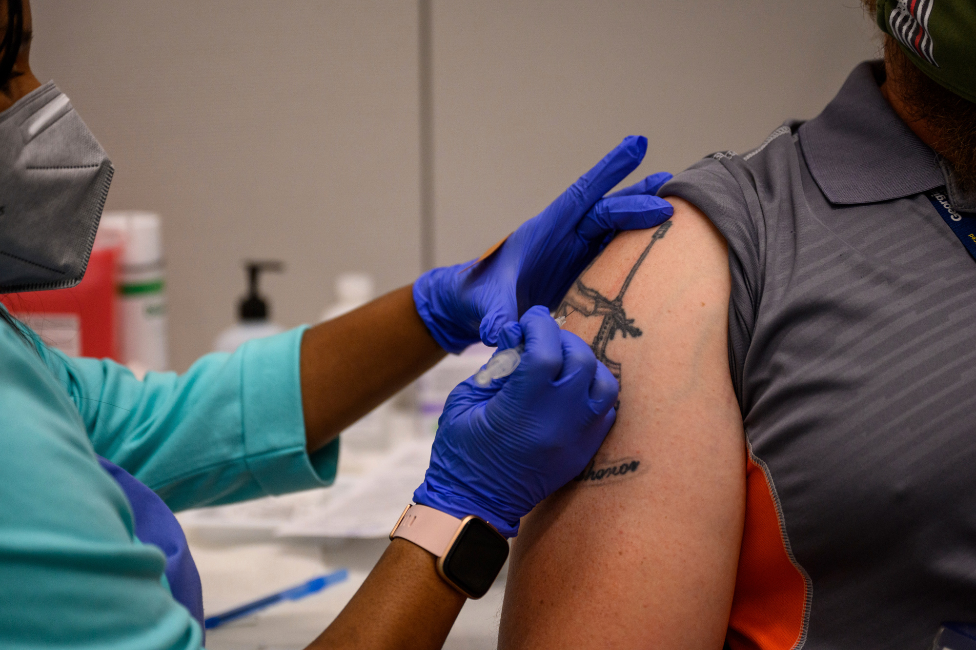 Georgia Tech employee Adam Jackson receives a Pfizer COVID-19 vaccination at a vaccination site on the campus of Georgia Tech on April 8 in Atlanta.