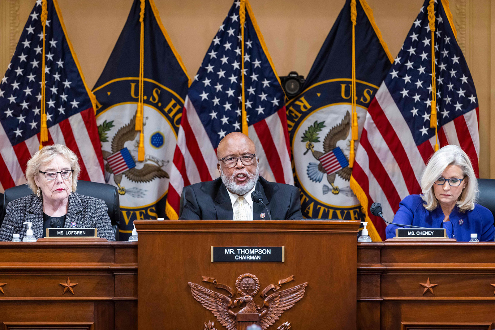 The House select committee, including chair Rep. Bennie Thompson, center, and Rep. Zoe Lofgren and vice chair Rep. Liz Cheney, hold their final meeting on Monday. 