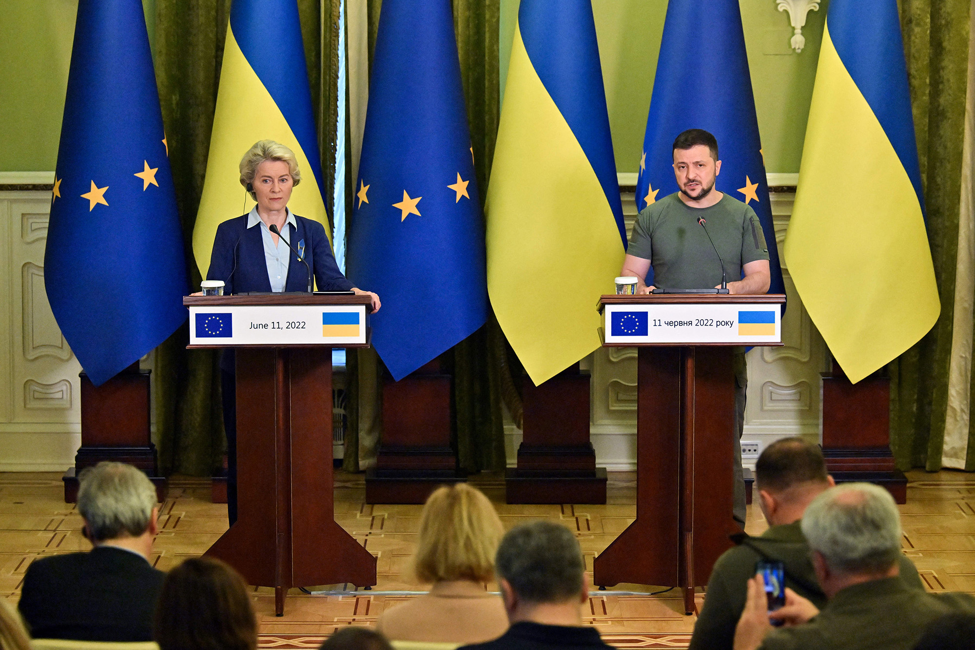Ukrainian President Volodymyr Zelensky, right, and European Commission President Ursula von der Leyen make statements following their talks in Kyiv, Ukraine, on June 11.
