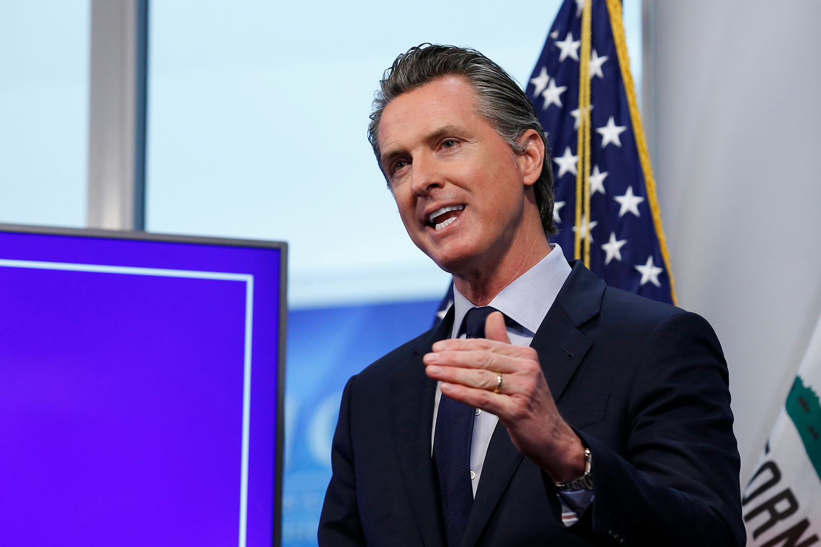 Gov. Gavin Newsom pictured on April 14 during a news conference. 