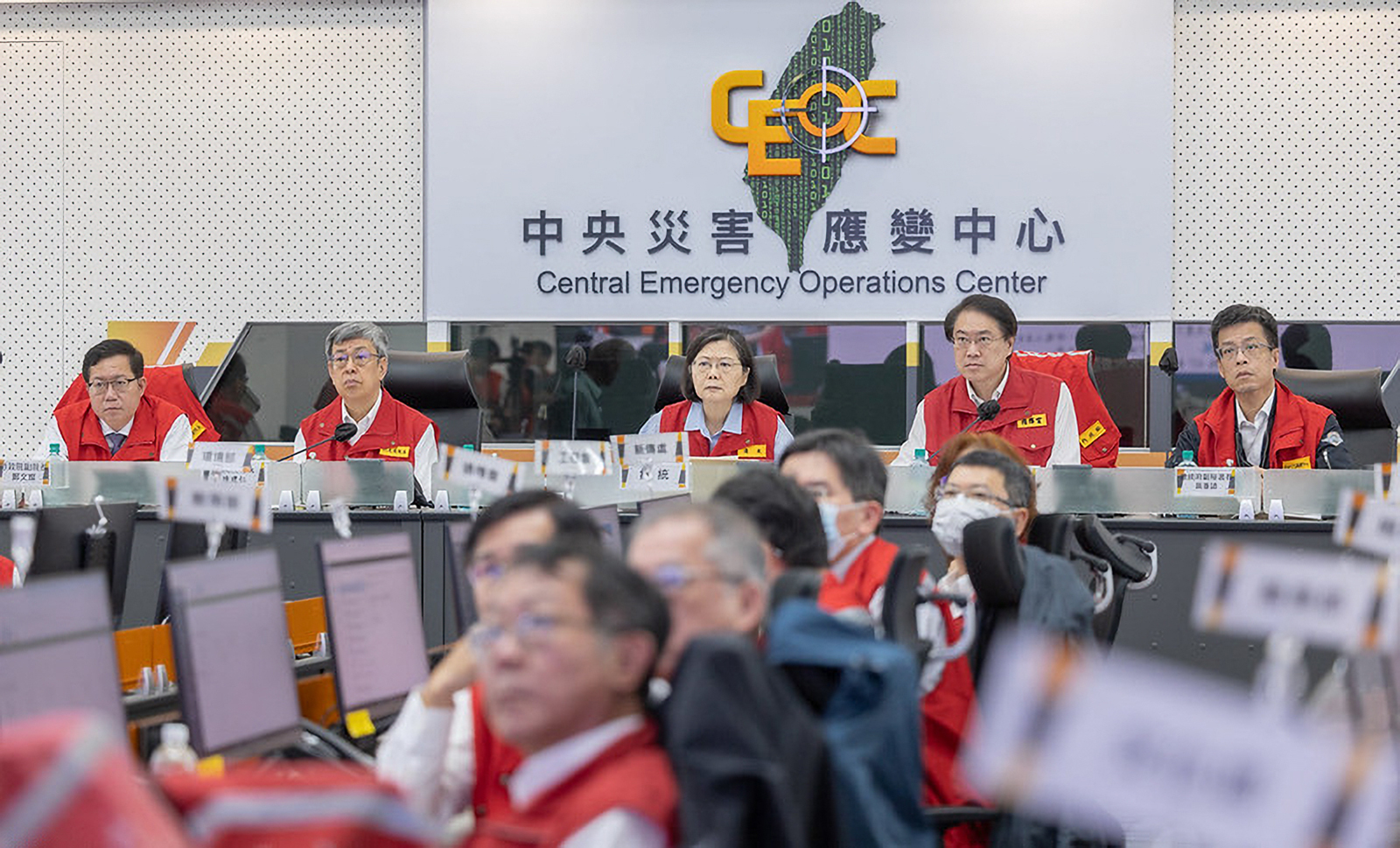 Taiwanese President Tsai Ing-wen and Executive Director Chen Jianren hold a press conference as they visit the Central Disaster Response Center to learn about the earthquake disaster and rescue response situation, in Taipei, Taiwan on April 3.