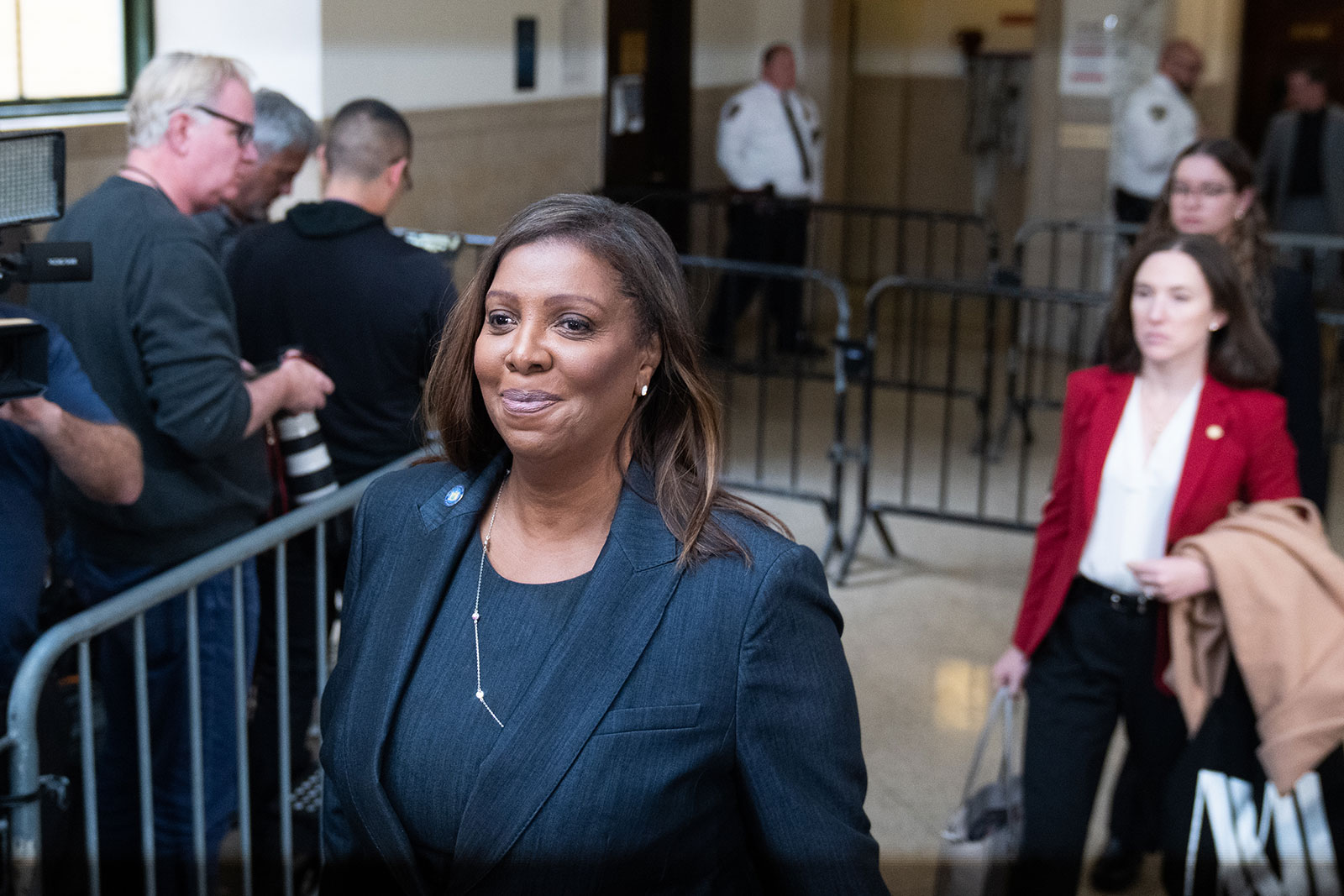 New York Attorney General Letitia James departs from the New York State Supreme Court following Wednesday's proceedings.
