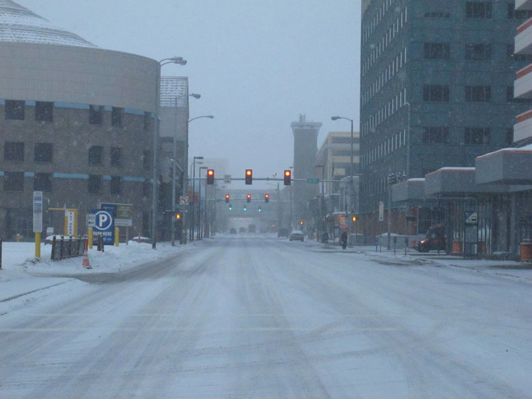 Streets were mostly desolate Saturday, March 21, 2020, in downtown Anchorage, Alaska. 
