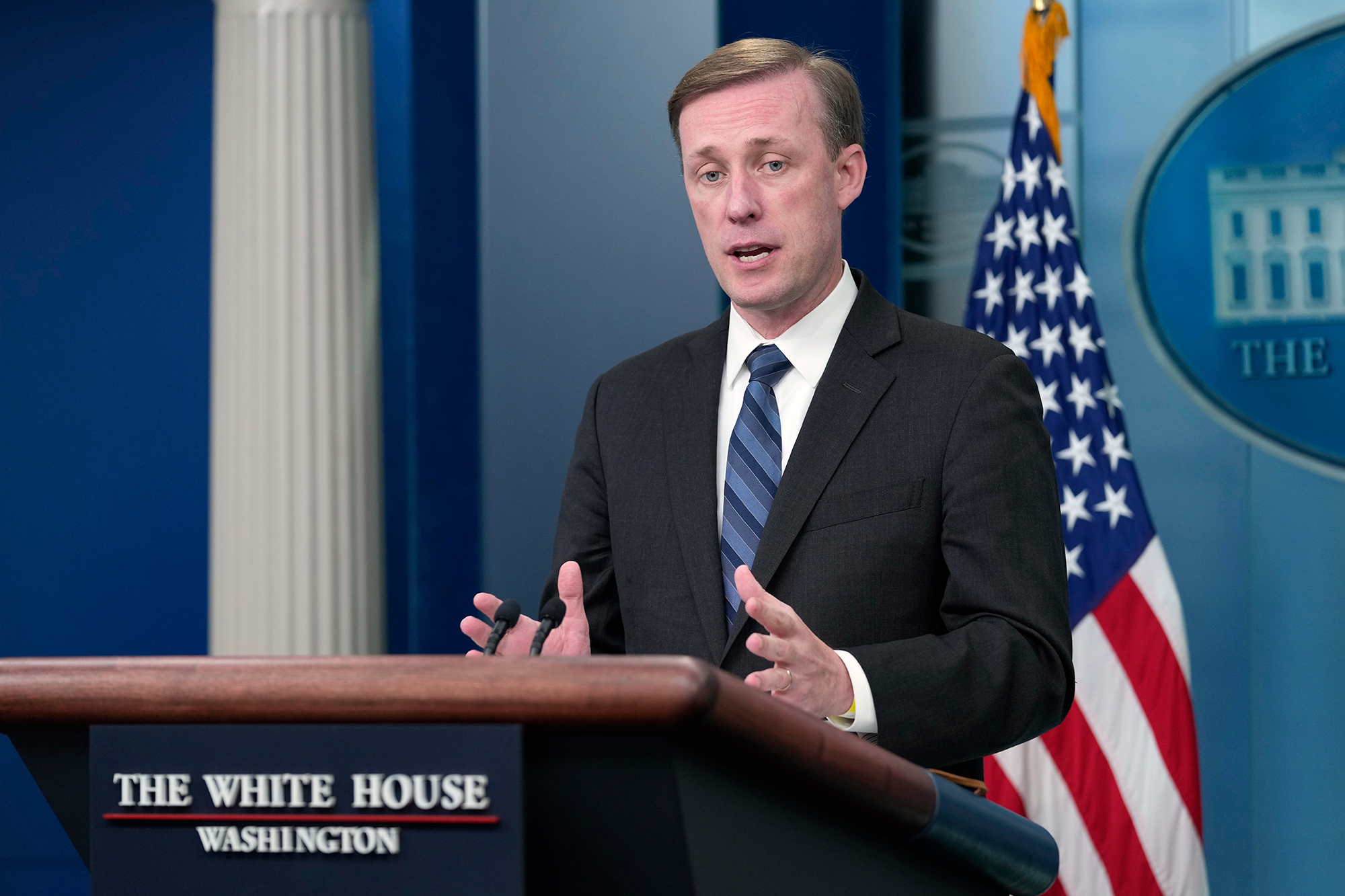 United States National Security Advisor Jake Sullivan speaks during a briefing at the White House in Washington, DC, on September 15.