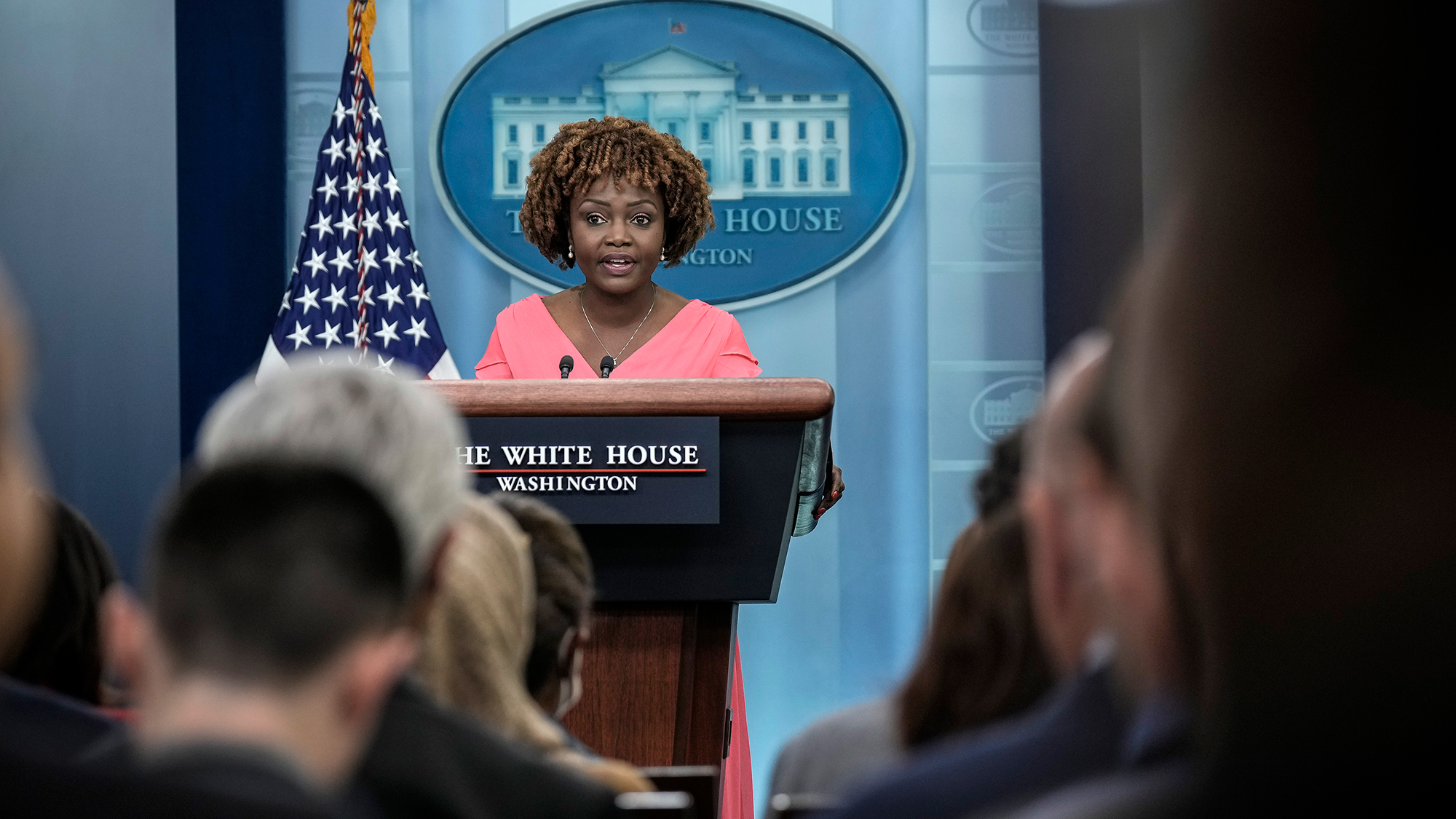 Press Secretary Karine Jean-Pierre speaks during the daily press briefing at the White House on April 19. 