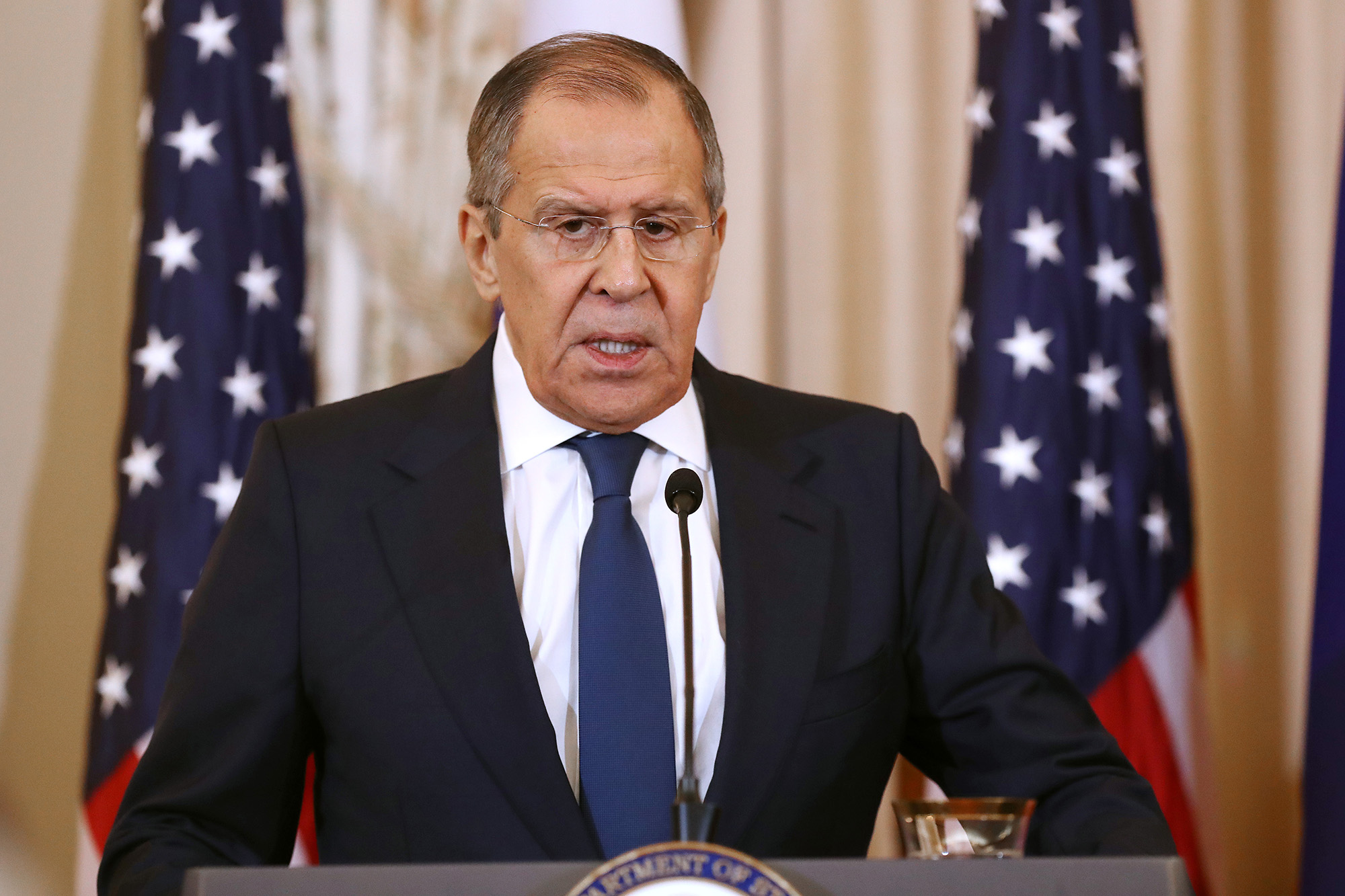 Russian Foreign Minister Sergey Lavrov speaks during a news conference at the State Department on December 10, 2019 in Washington DC. 