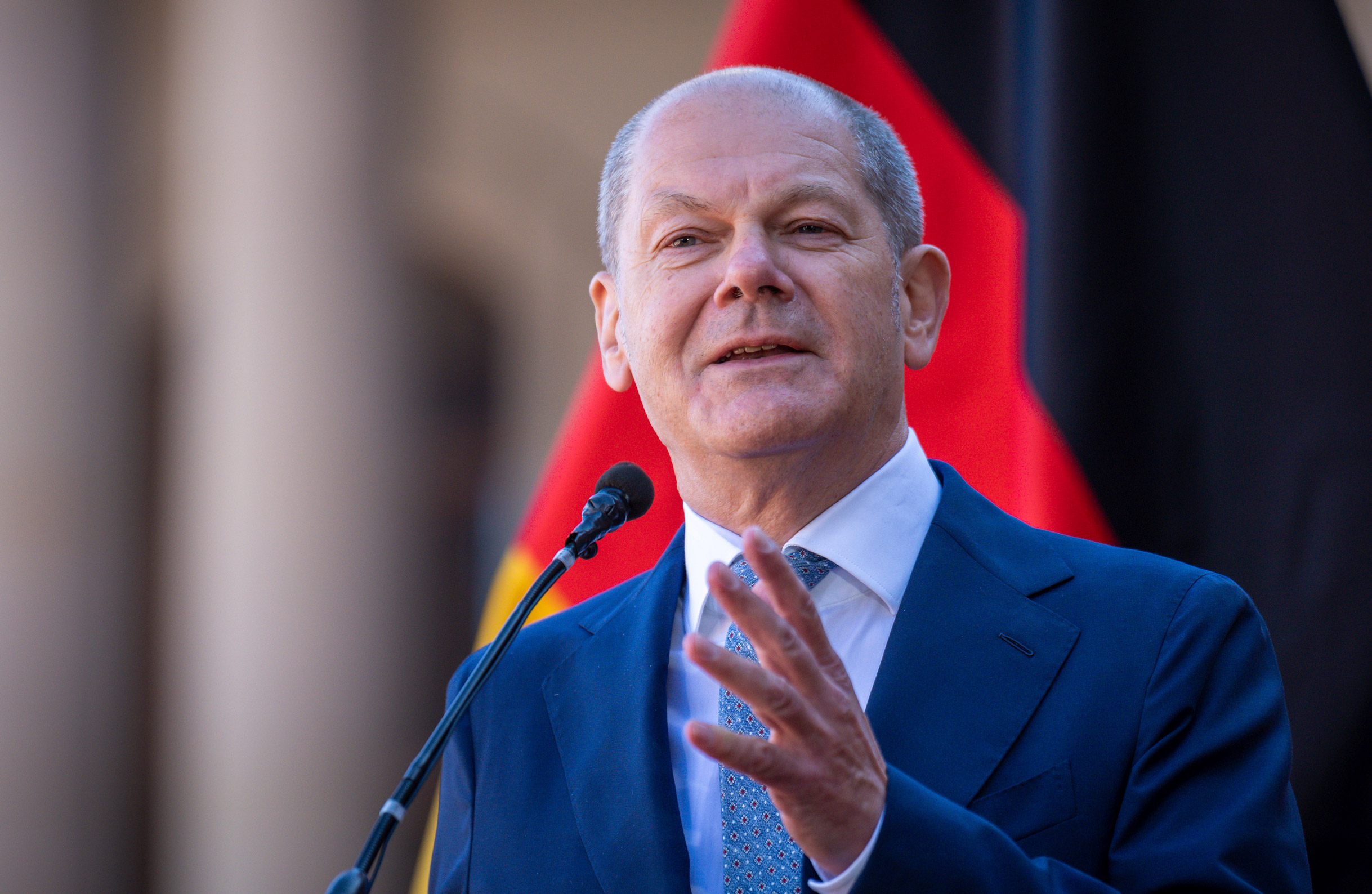 German Chancellor Olaf Scholz speaks at a press conference in Pretoria, South Africa in this file photo from May 24.