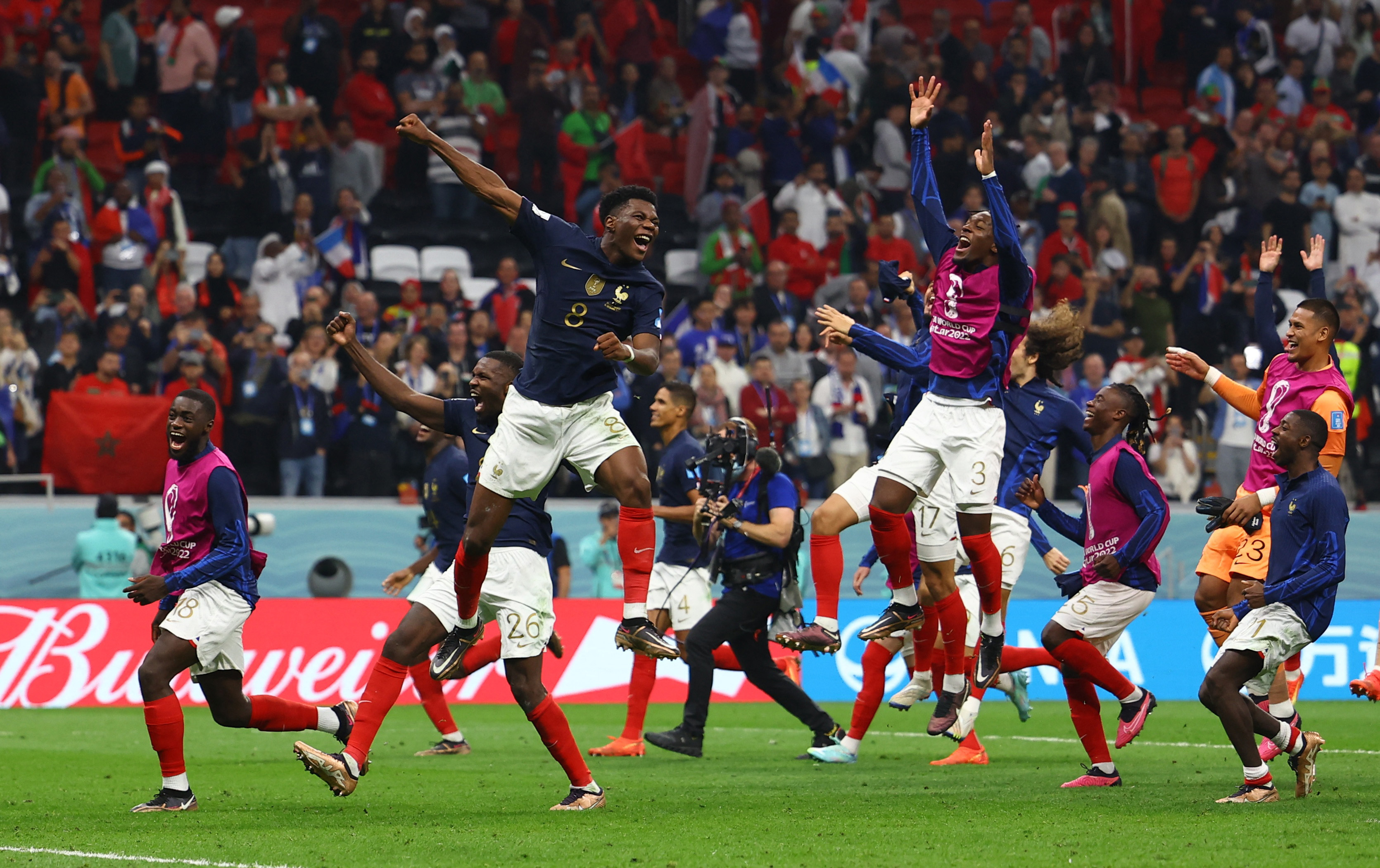 France's team celebrates after the match where they defeated Morocco 2-0 at Al-Bayt Stadium in Al Khor, Qatar on Wednesday.
