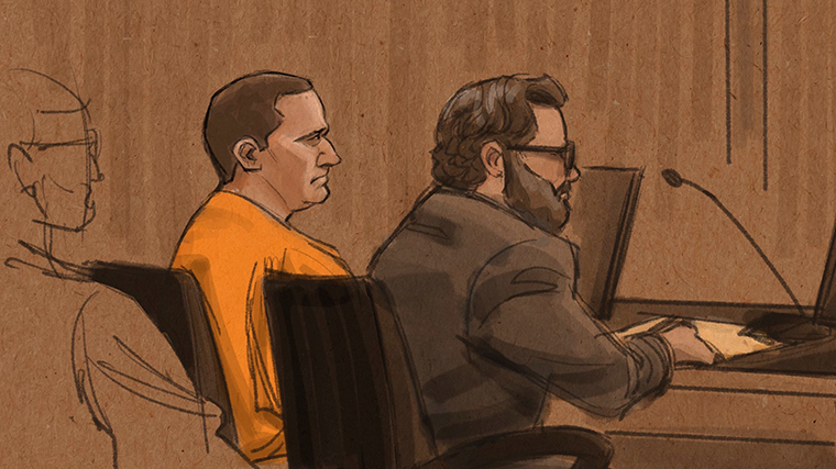 A sketch from Derek Chauvin's sentencing in federal court on Thursday, July 7, 2022.