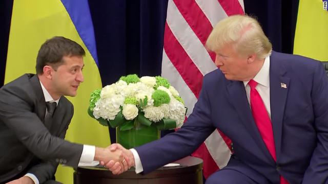 Ukrainian President Volodymyr Zelensky and US President Donald Trump shake hands during a meeting in New York on September 25, 2019, on the sidelines of the United Nations General Assembly.