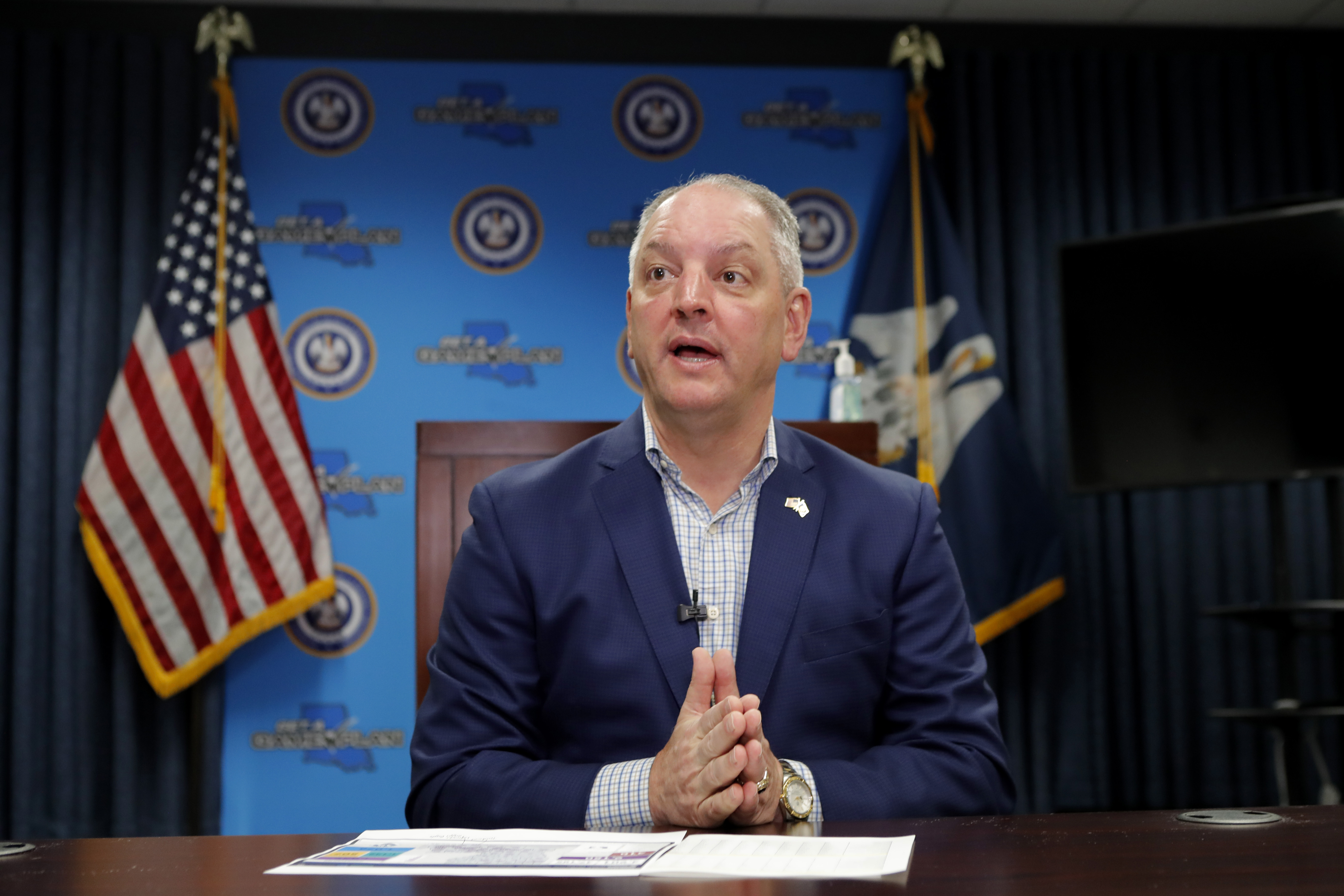 Louisiana Gov. John Bel Edwards speaks about the impact of the novel coronavirus pandemic on the state during an interview with the Associated Press in Baton Rouge, Louisiana, on April 3.