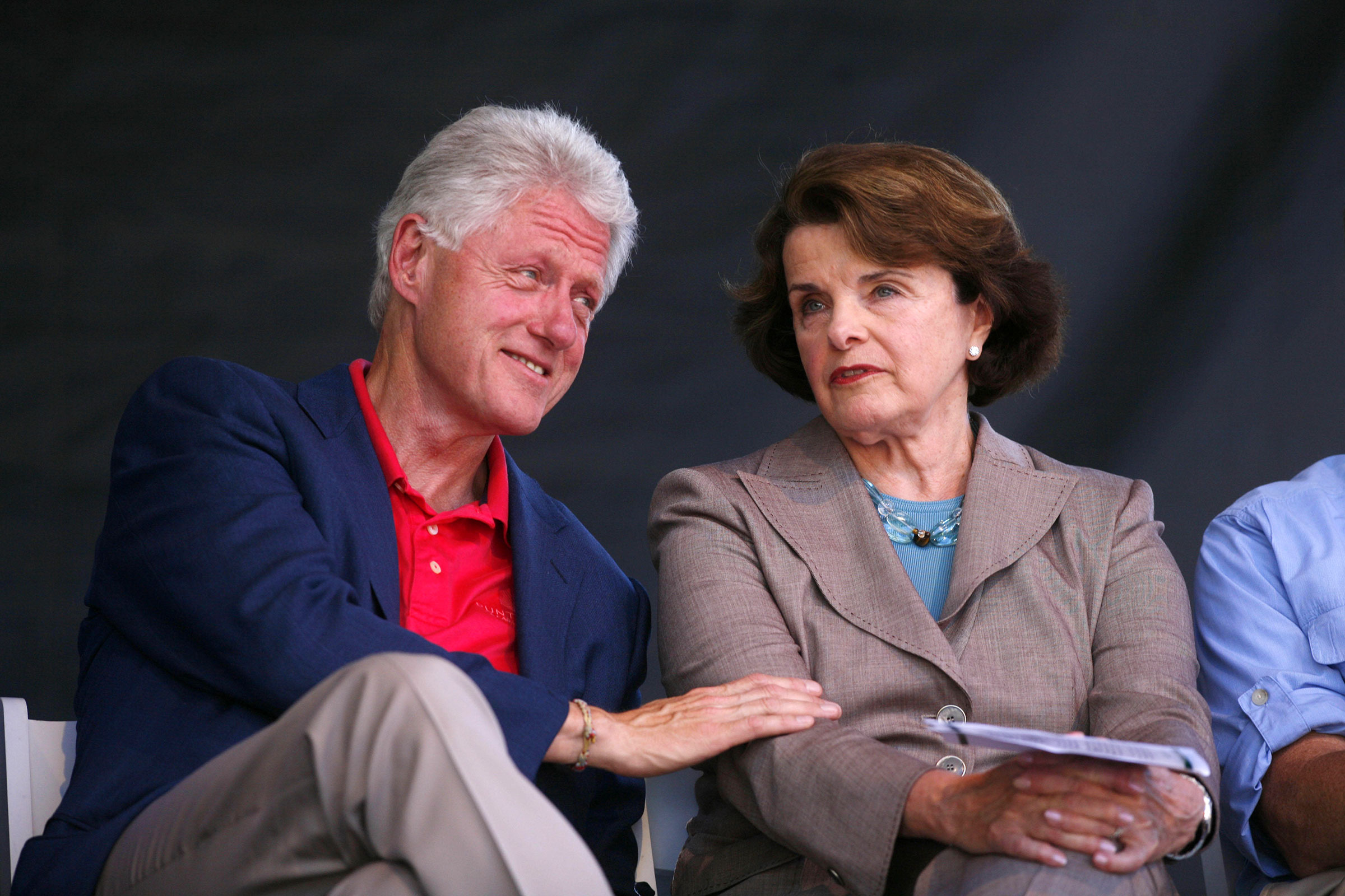 Former President Bill Clinton and US Senator Diane Feinstein, talk during the 10th Anniversary of the Lake Tahoe Forum at Sierra Nevada College, Friday Aug. 17, 2007.