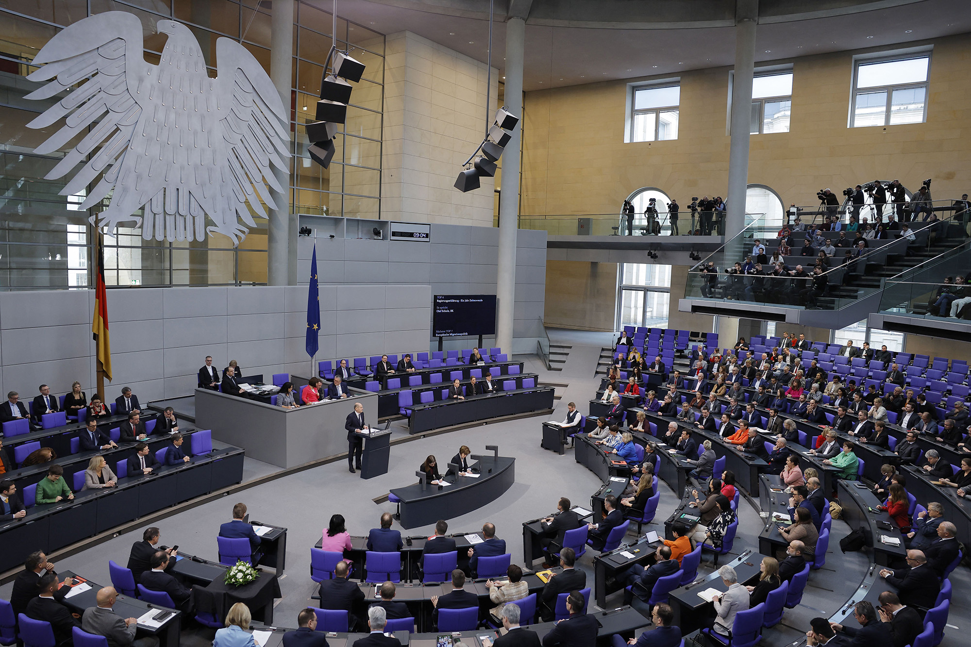 German Chancellor Olaf Scholz addresses the Bundestag in Berlin, Germany, on March 2.