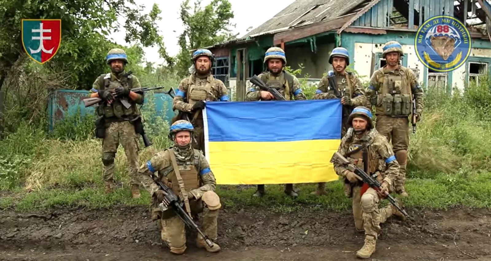 A frame from a video purportedly showing Ukrainian soldiers after retaking the village of Storozheve in the Donetsk region, Ukraine, on June 12.