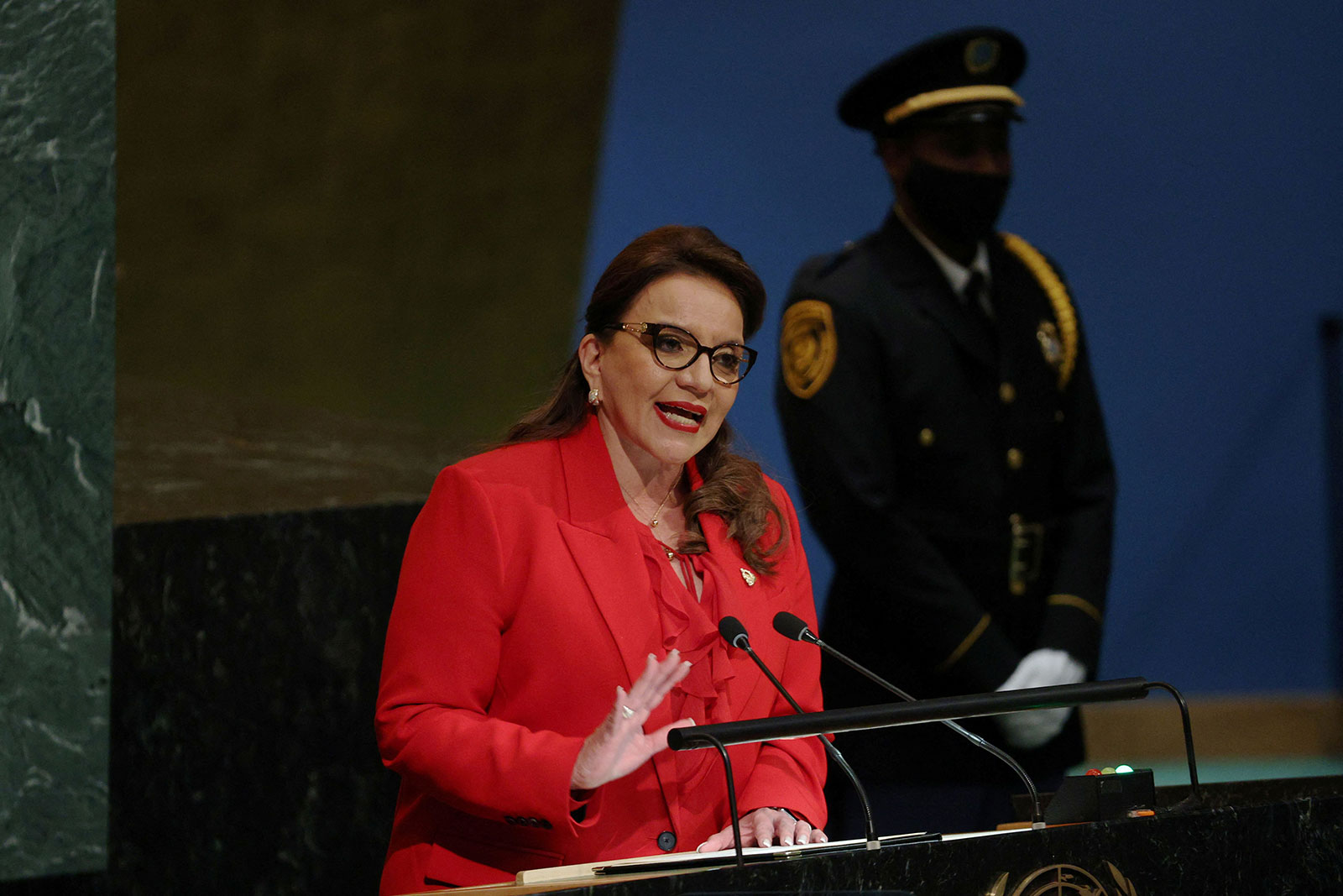 Honduras’ President Iris Xiomara Castro Sarmiento addresses the 77th session of the United Nations General Assembly on Tuesday.