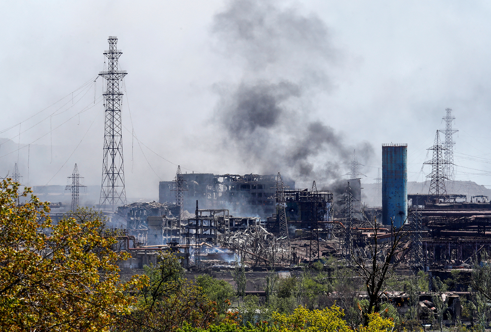 Smoke rises following an explosion at a plant of Azovstal Iron and Steel Works during Ukraine-Russia conflict in the southern port city of Mariupol, Ukraine May 11.