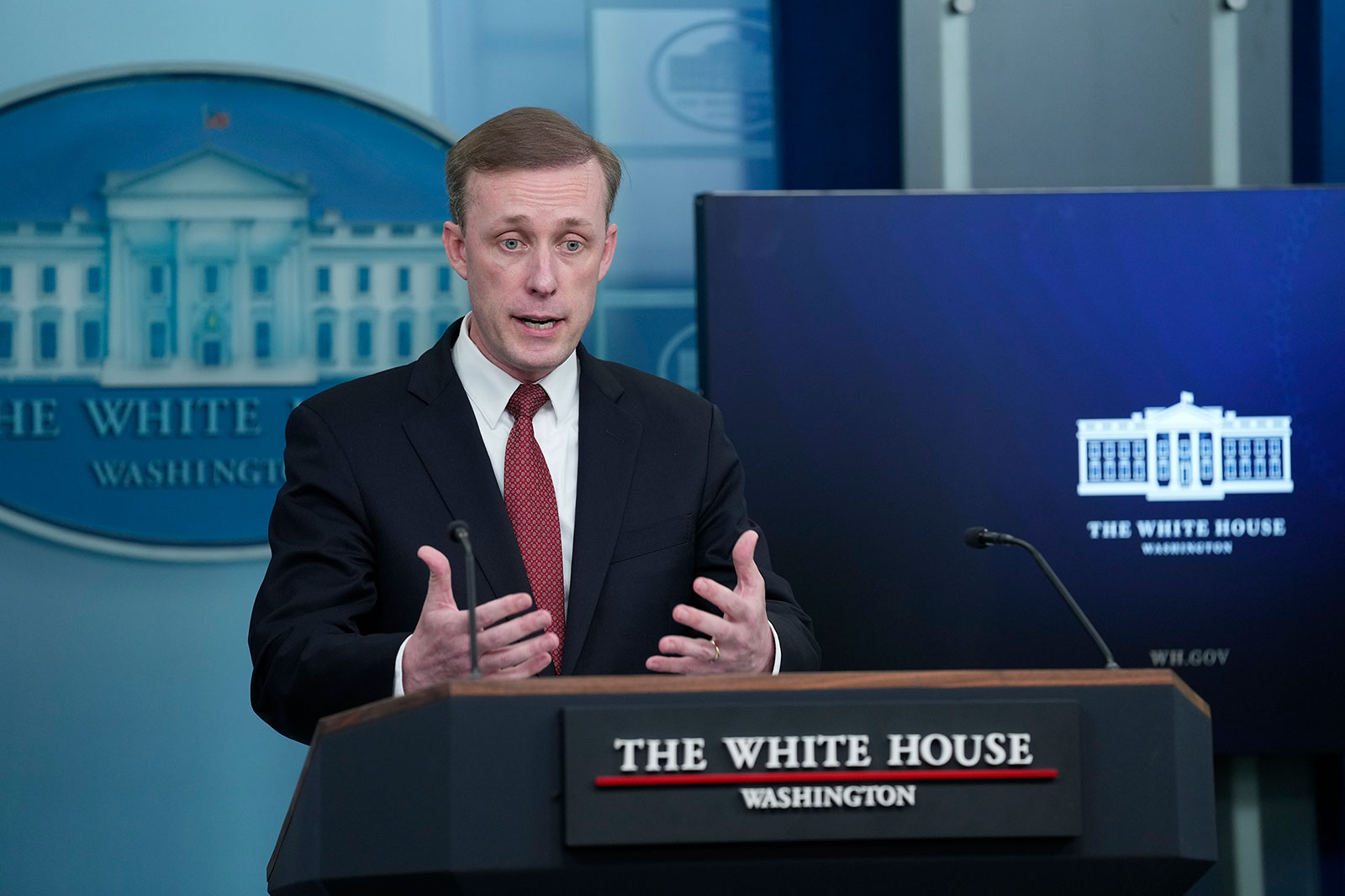 White House national security adviser Jake Sullivan speaks during the daily briefing at the White House in Washington, DC, Wednesday.