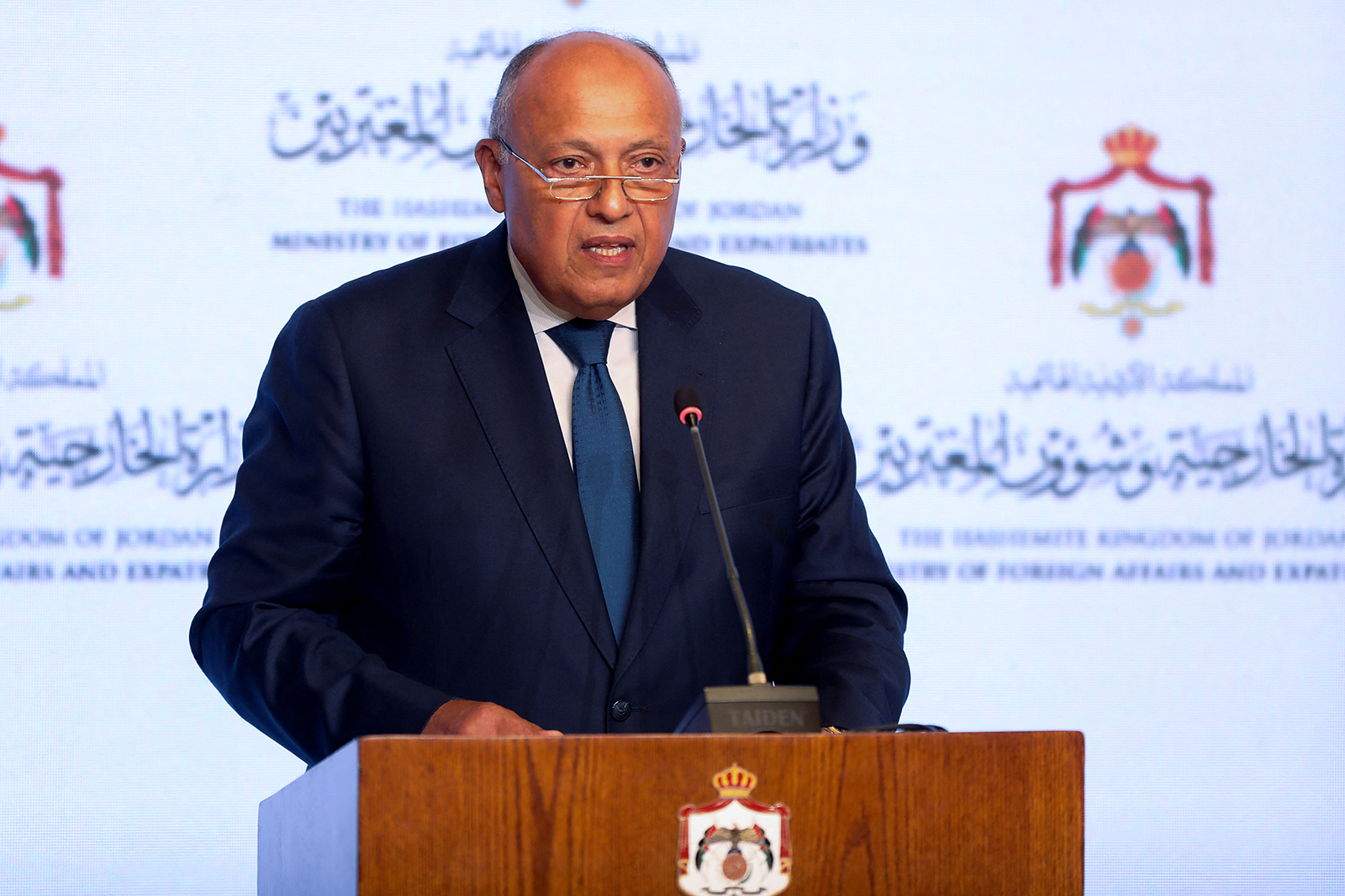 Egyptian Foreign Minister Sameh Shoukry speaks during a press conference in Amman, Jordan, on November 4. 