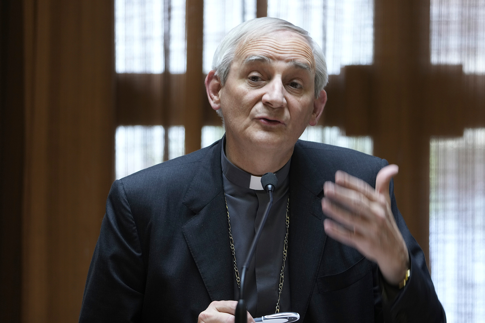Cardinal Matteo Zuppi speaks during a press conference at The Vatican, on May 25.