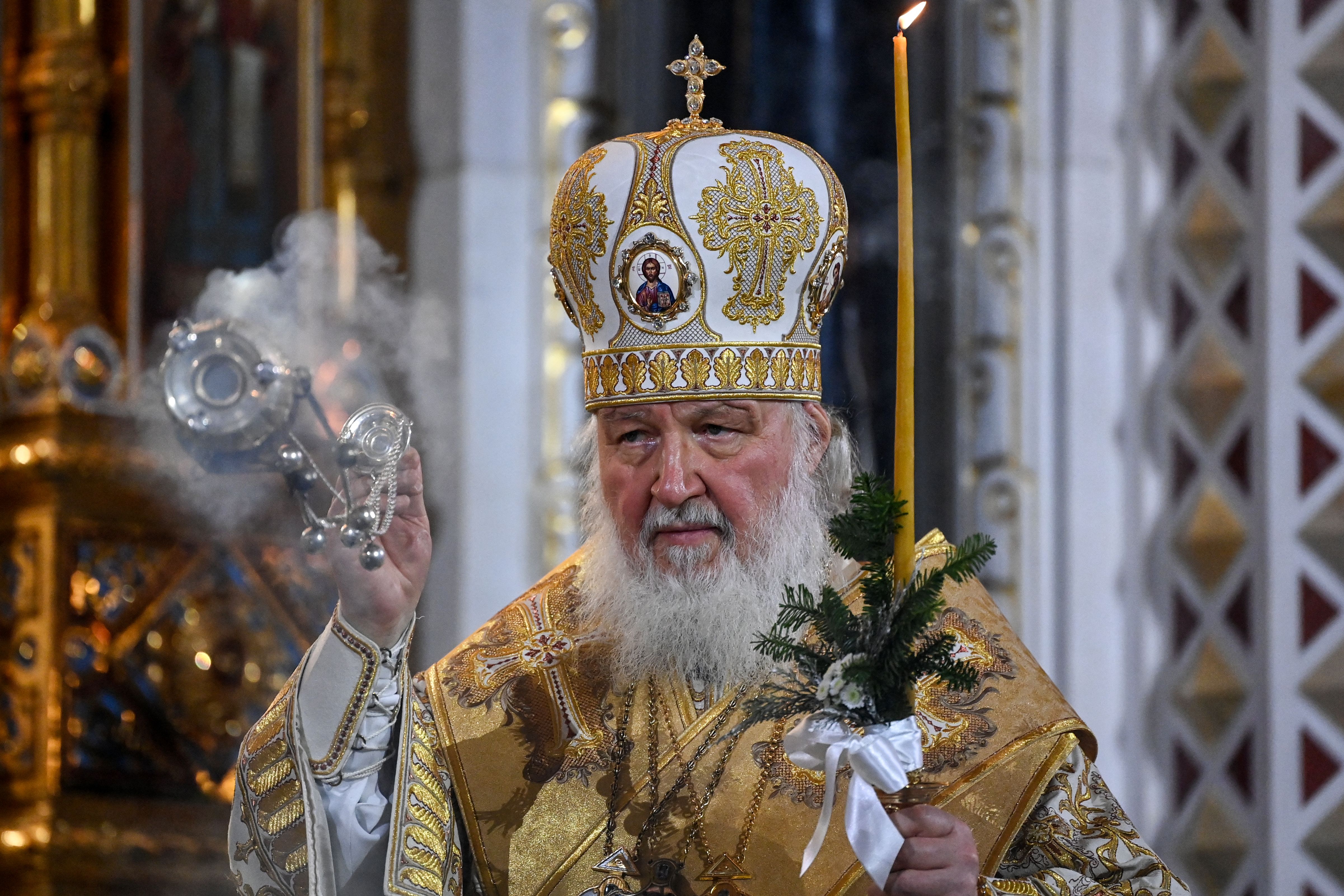 Russian Patriarch Kirill celebrates a Christmas service at the Christ the Savior cathedral in Moscow, Russia, on January 6.
