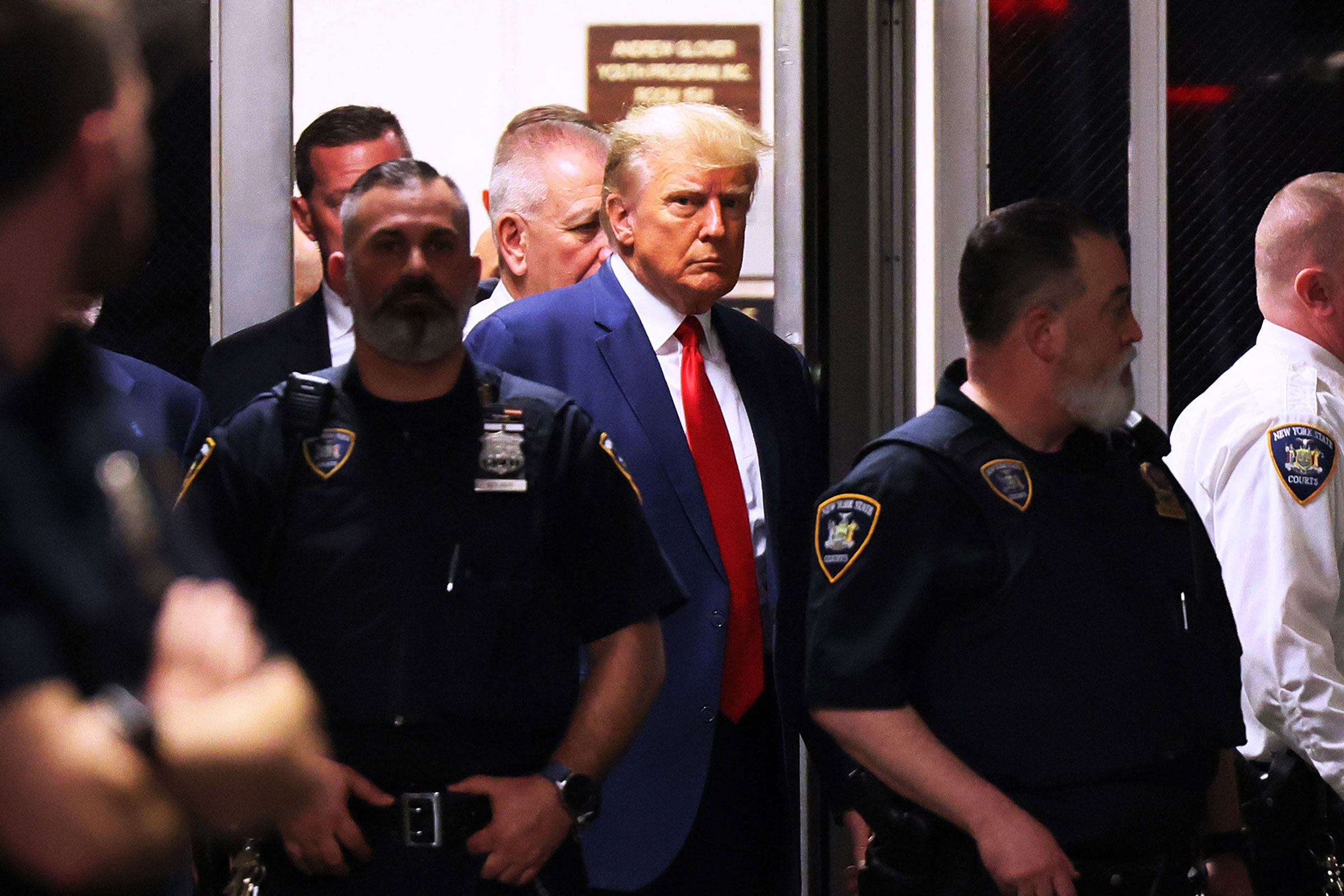 Former President Donald Trump arrives for his arraignment at Manhattan Criminal Court on April 4, 2023 in New York City. 