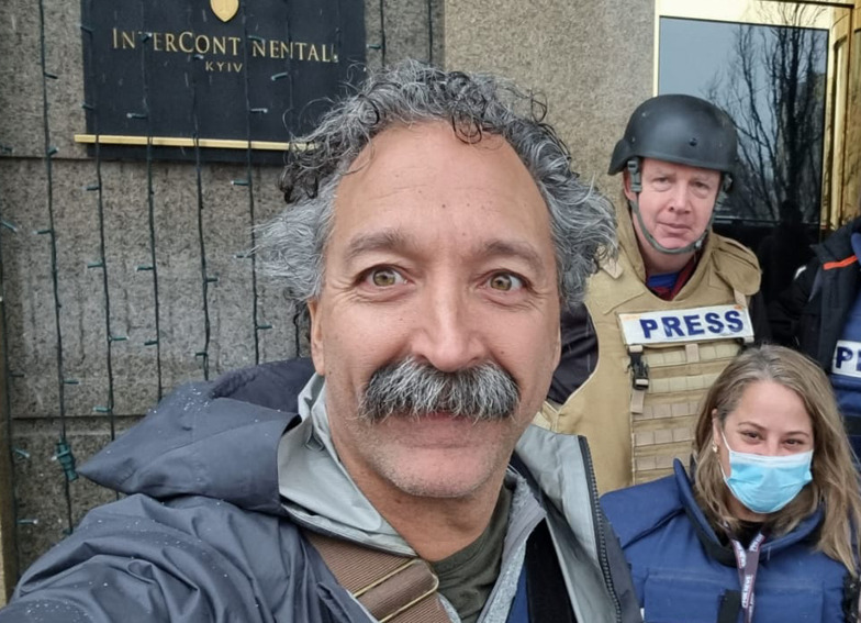 This image released by the Fox News Channel shows cameraman Pierre Zakrzewski while on assignment with colleagues, the Fox News correspondent Steve Harrigan and Jerusalem-based senior producer Yonat Friling, background right, in Kyiv, Ukraine.