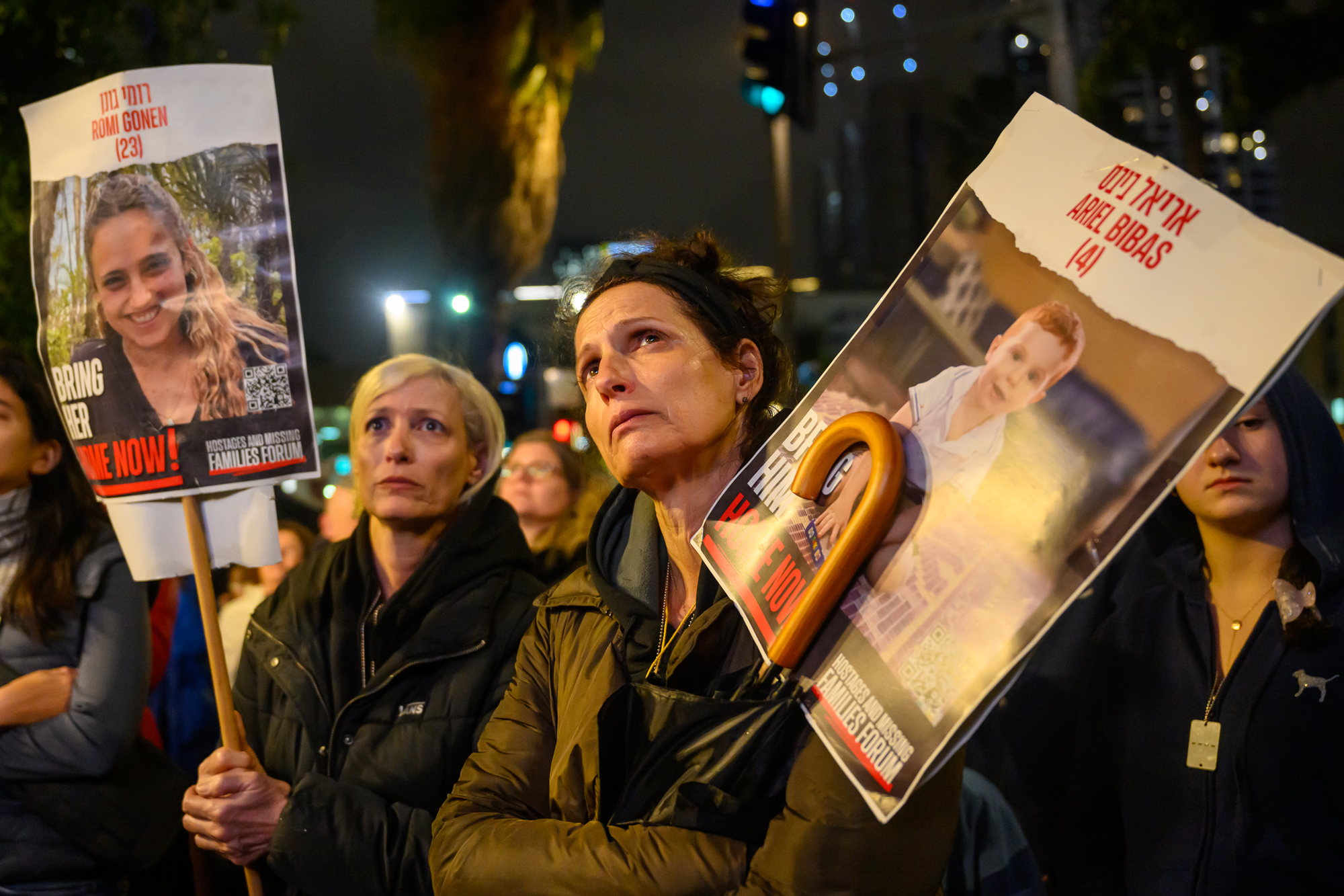Families of hostages and their supporters call for the release of the hostages during a rally held outside The Museum of Art known as the 'The Hostages and Missing Square' on December 23 in Tel Aviv, Israel.