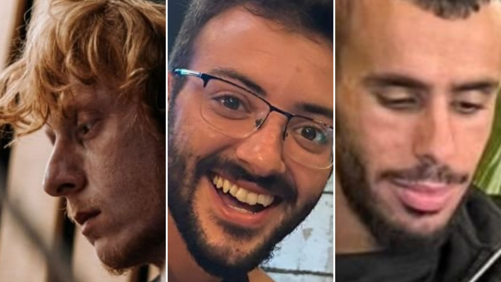 The three hostages killed are identified as, from left to right, Yotam Haim, Alon Shamriz, and Samer Talalka.