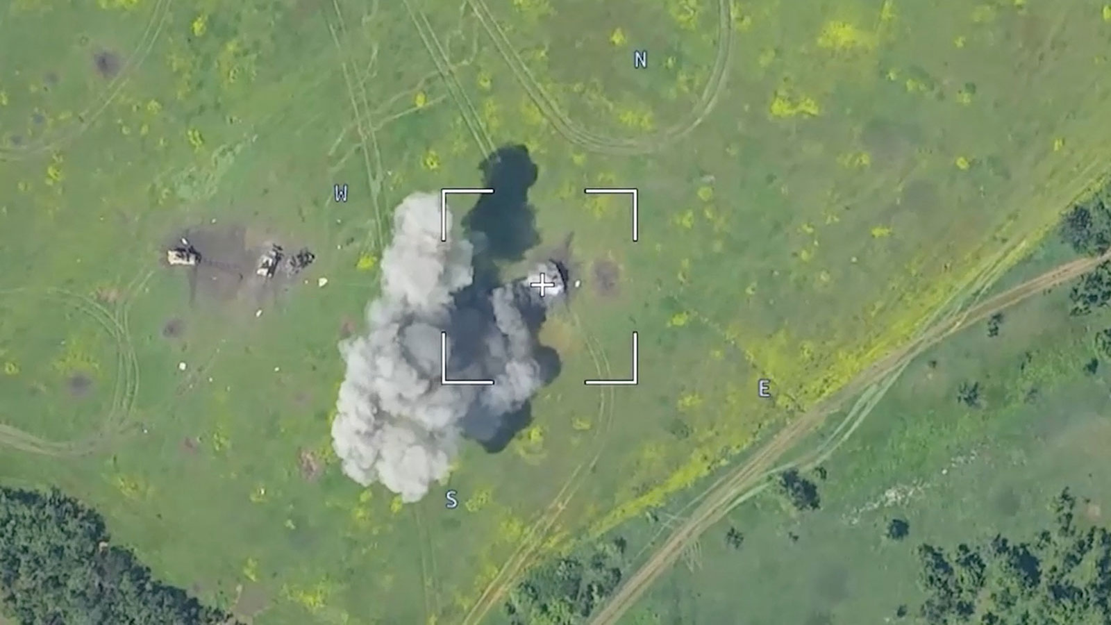Drone footage, released soonJune 5 by the Russian Defense Ministry shows a burning armoured vehicle in an unidentified location.